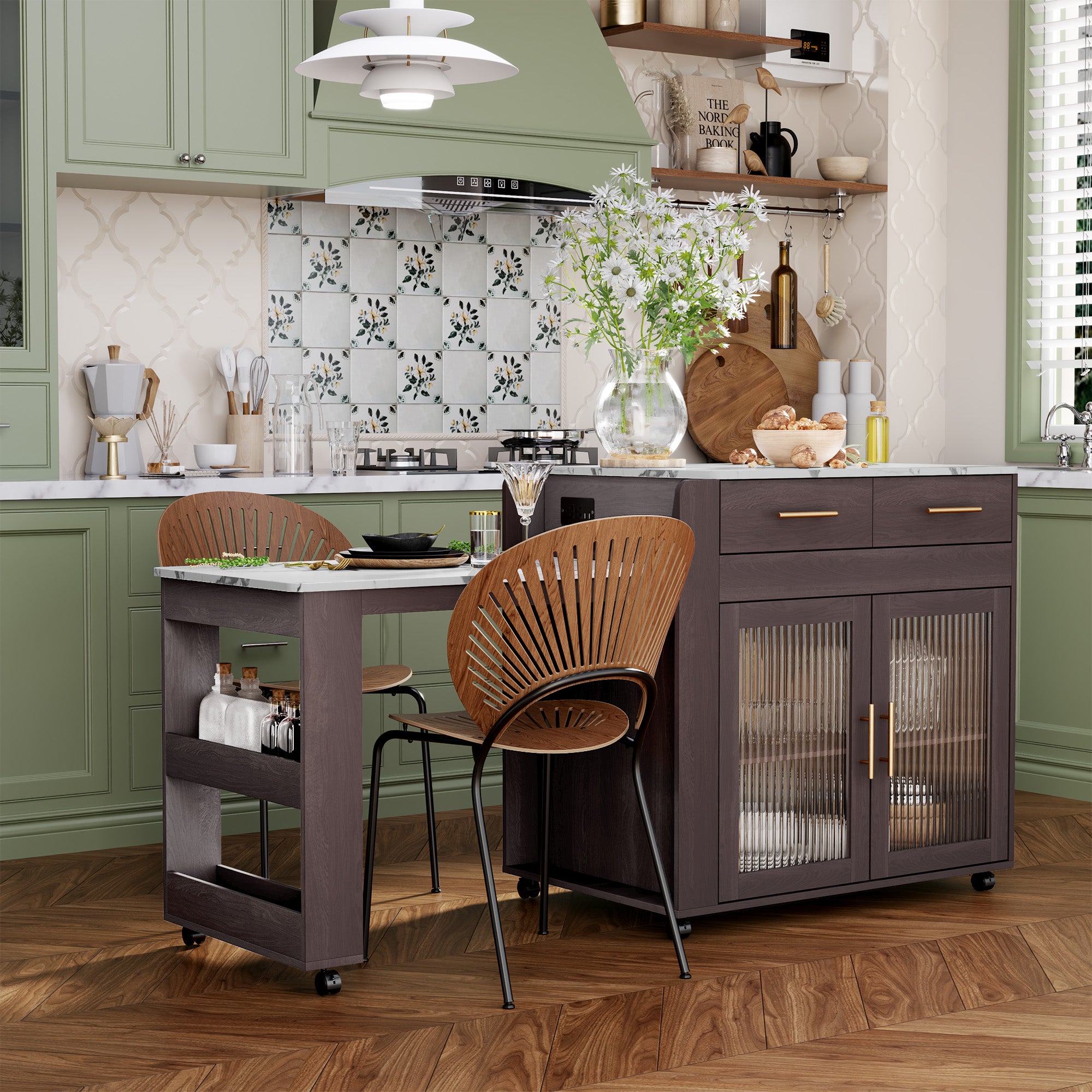 CBJCBJ Kitchen Island with Storage | Expandable Retractable on Wheels 71.65" L| Space-Saving of Island Cart Brown
