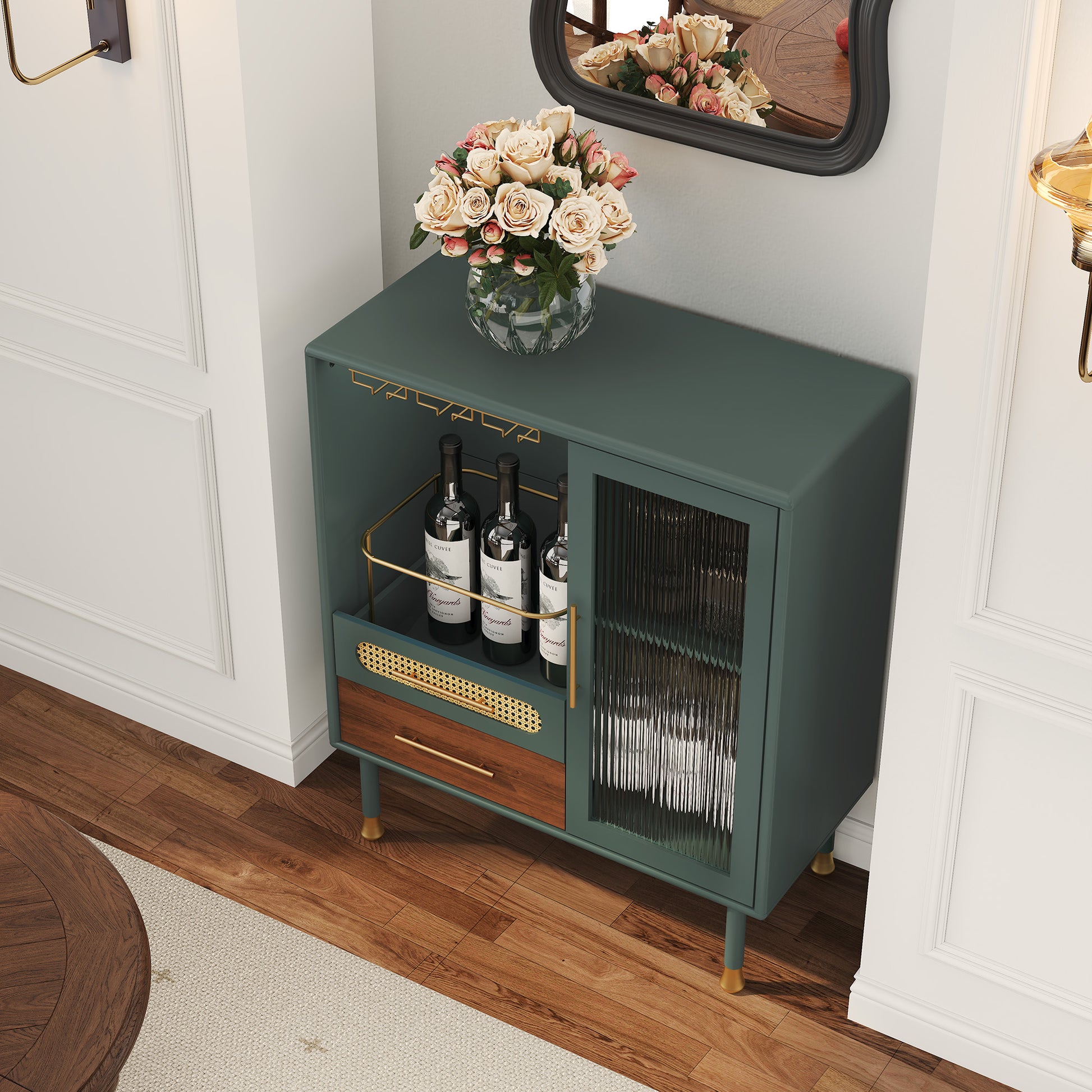 HLR 31.5"W Modern Wine Storage Cabinet with Pull-Out Rack & Tempered Glass Doors – Compact Coffee Bar for Kitchen, Dining Room, Apartment,Green