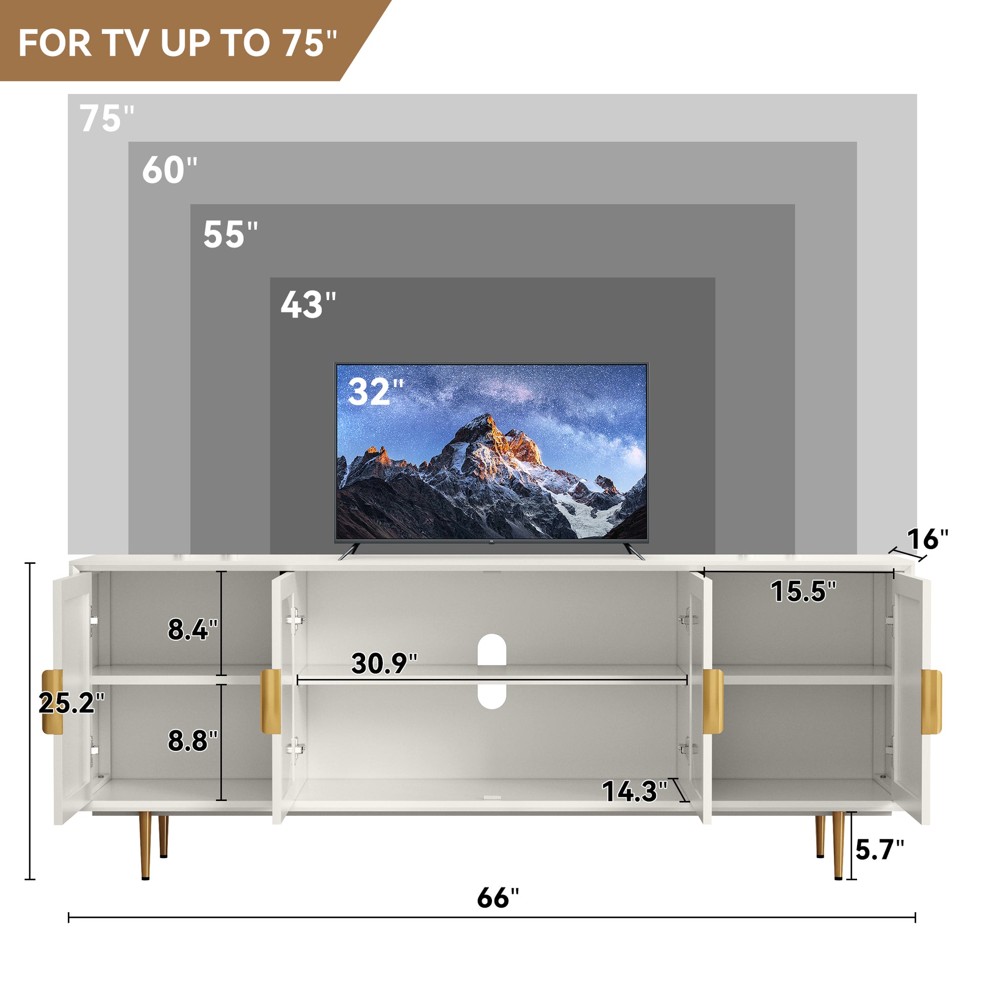 CBJCBJ 66" TV up to 75" Stand for Living Room, Entertainment Center with Glass Storage Cabinet,White