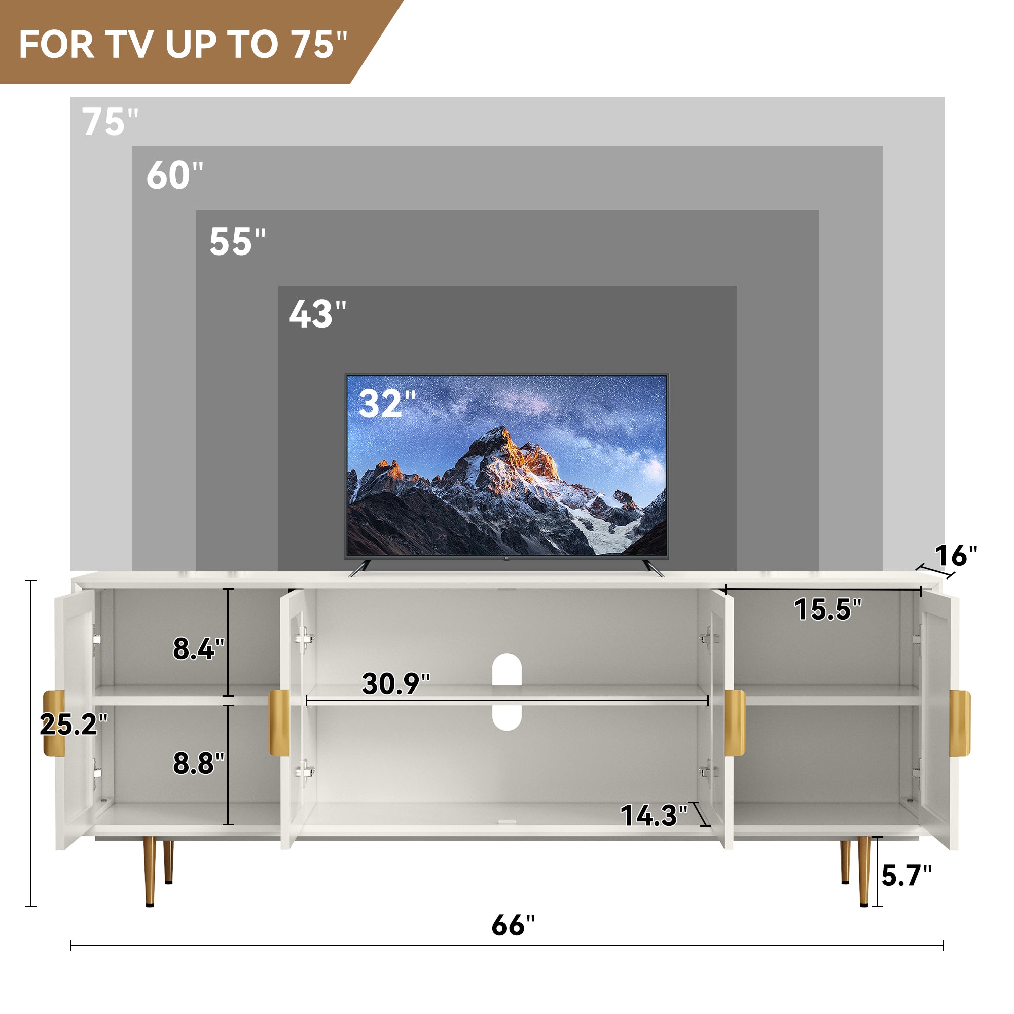 CBJCBJ 66" TV up to 75" Stand for Living Room, Entertainment Center with Glass Storage Cabinet,White