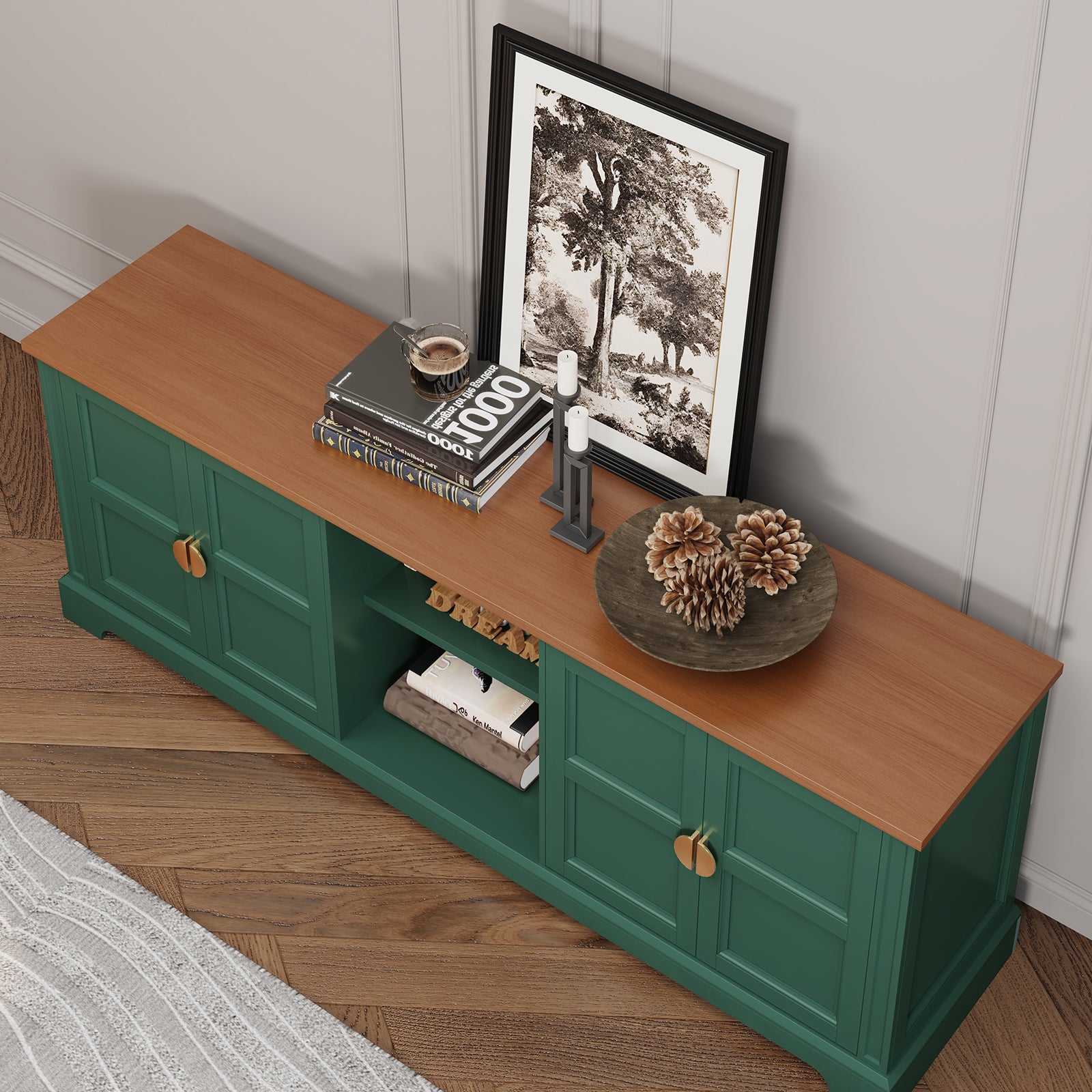 HLR Green 67" Modern Farmhouse TV Stand, Wood Entertainment Center for 75 In TV for Living Room