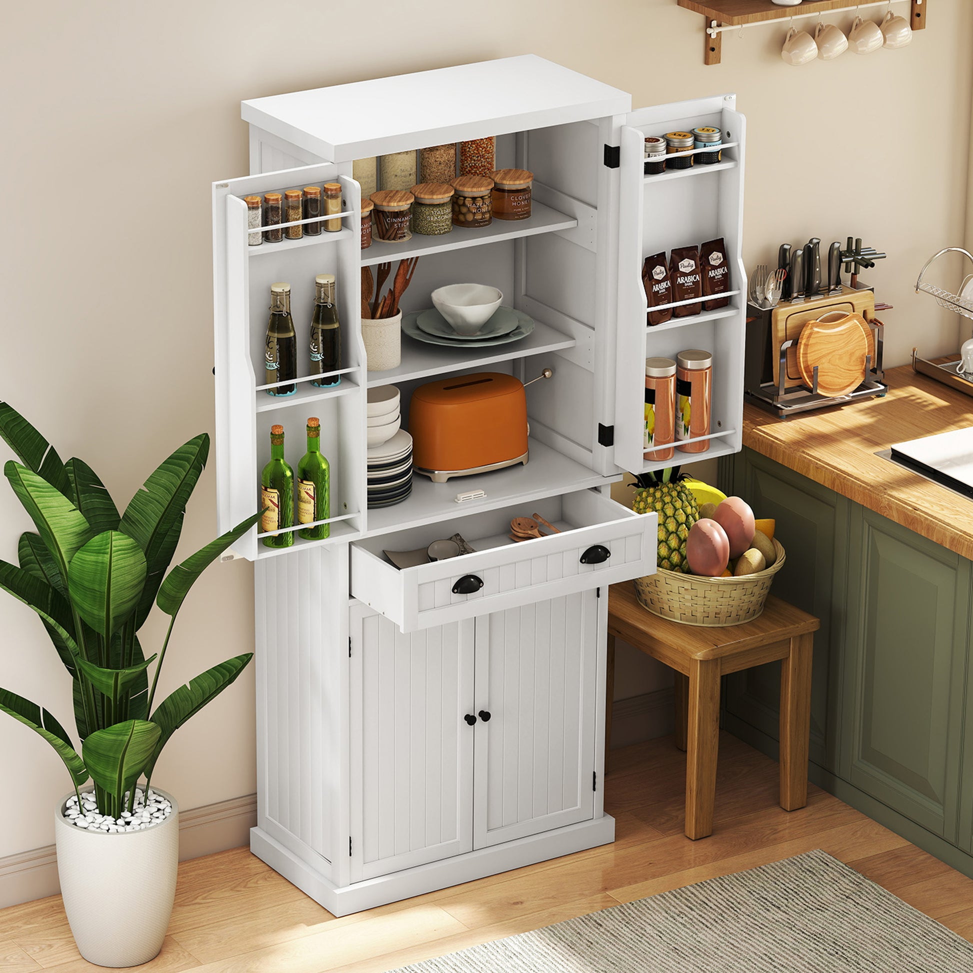 HLR 72" Utility Pantry Storage Cabinet, Tall Cupboard with Door Shelves and Drawer for Kitchen, White