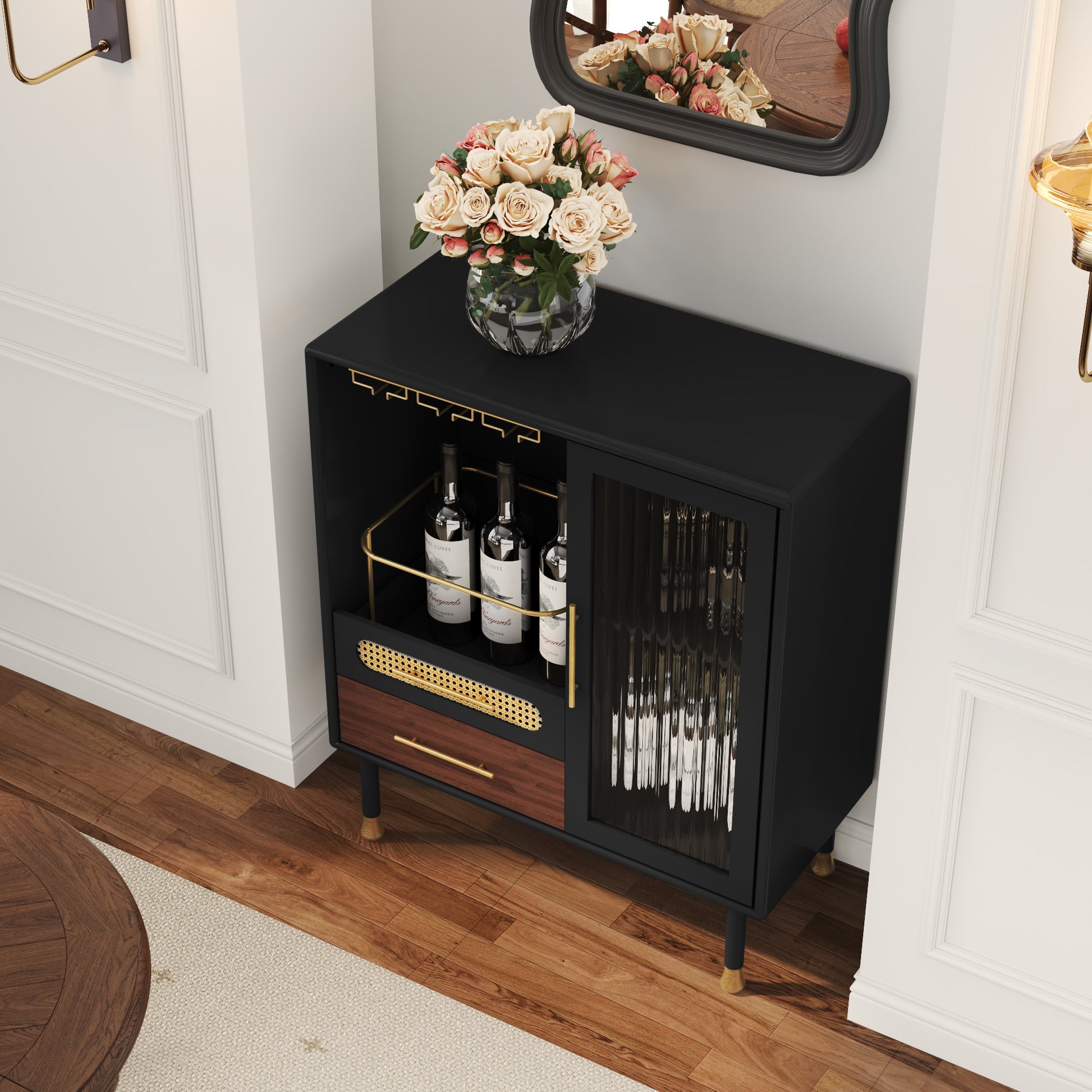 HLR 31.5"W Modern Wine Storage Cabinet with Pull-Out Rack & Tempered Glass Doors – Compact Coffee Bar for Kitchen, Dining Room, Apartmen, Black