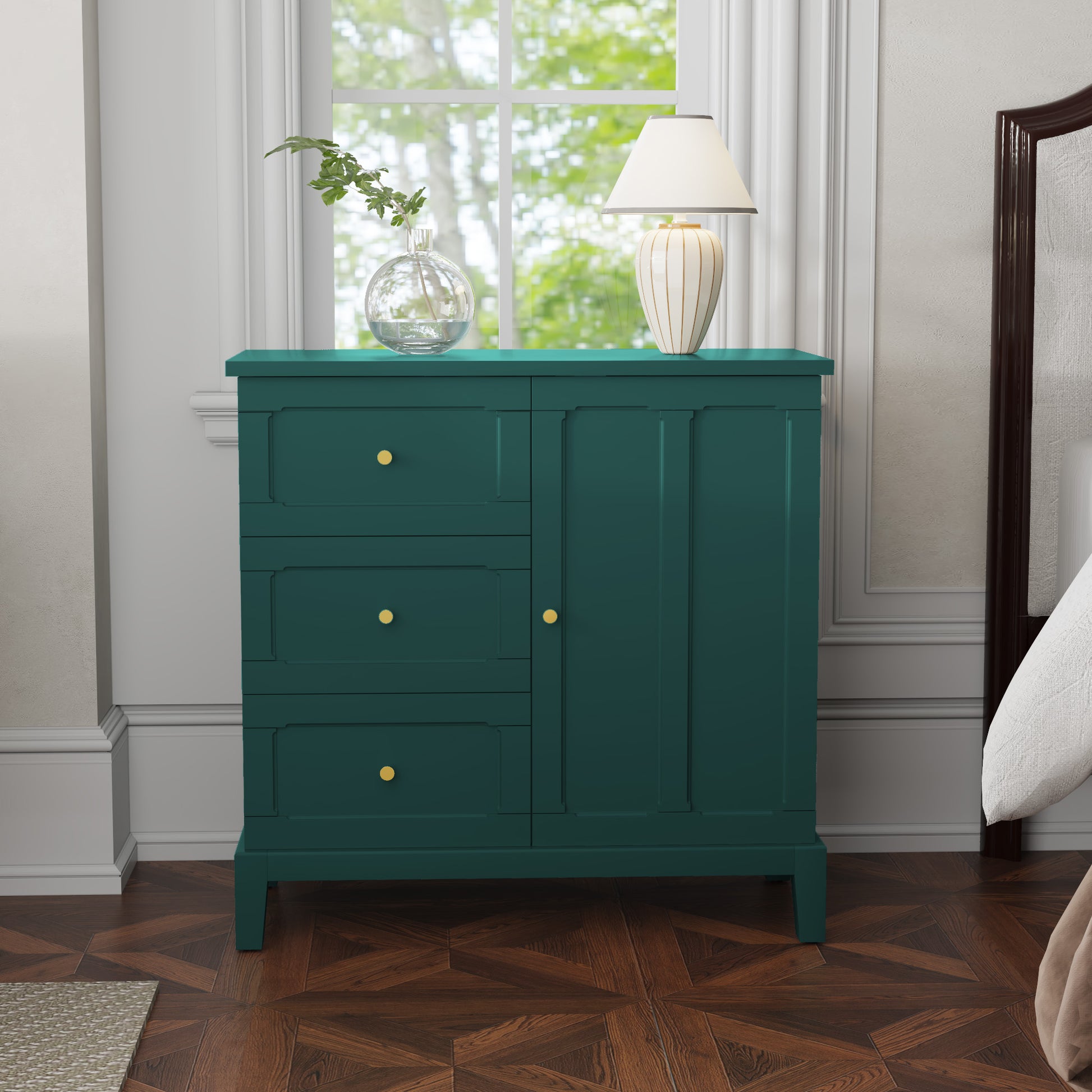 HLR Modern 32" Accent Cabinet 3 Drawers & Door, Wood Sideboard with Storage for Living Room, Green