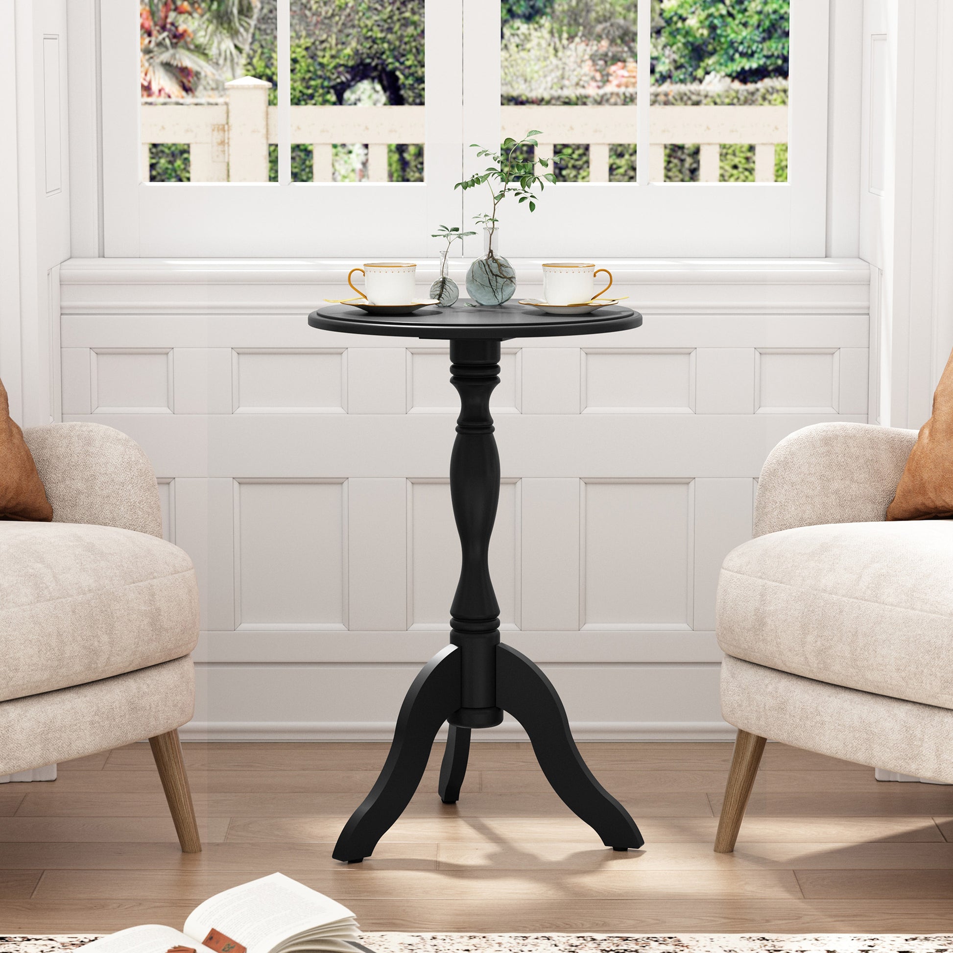 HLR Round Small End Table Set of 2, Wooden Pedestal Side Coffee Table, 2pcs Vintage Accent Nightstand for Living Room, Bedroom, Entryway, Black