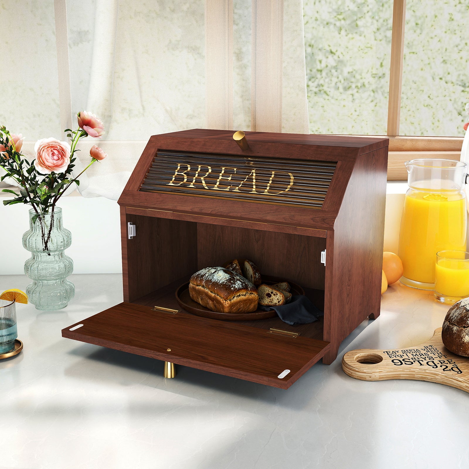 HLR Large Bread Box, Wood 2-layer Bread Box Storage for Kitchen Counter, with Bar Pattern Windows, Brown