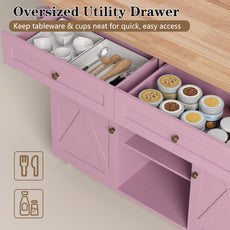 HLR 51.7" W Rolling Kitchen Islands Cart, Adjustable Shelves, Breakfast Bar, Storage Cabinets,Pink
