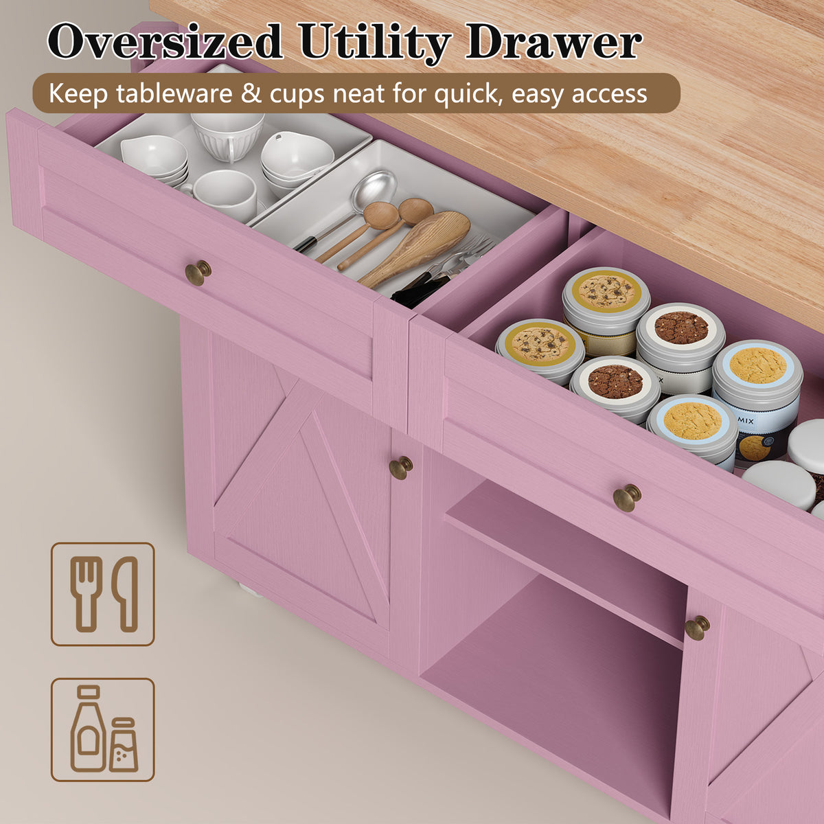 HLR 51.7" W Rolling Kitchen Islands Cart, Adjustable Shelves, Breakfast Bar, Storage Cabinets,Pink