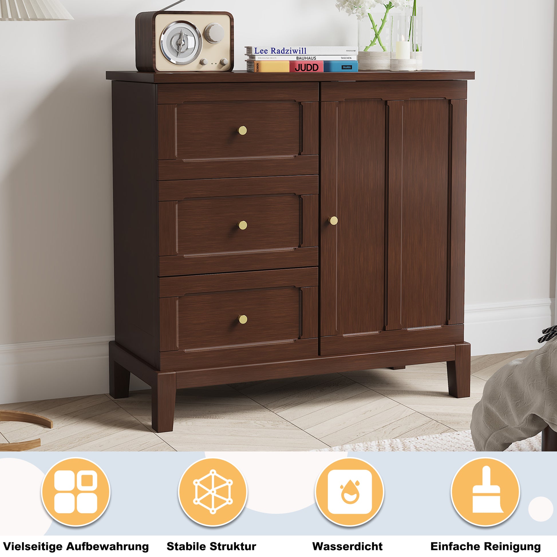 CBJCBJ 31.7"Storage Cabinet, Classical 3 Drawers & 1 Door Design with Gold-Tone Handles, Multi-Use Organizer for Living Room, Kitchen, Bathroom