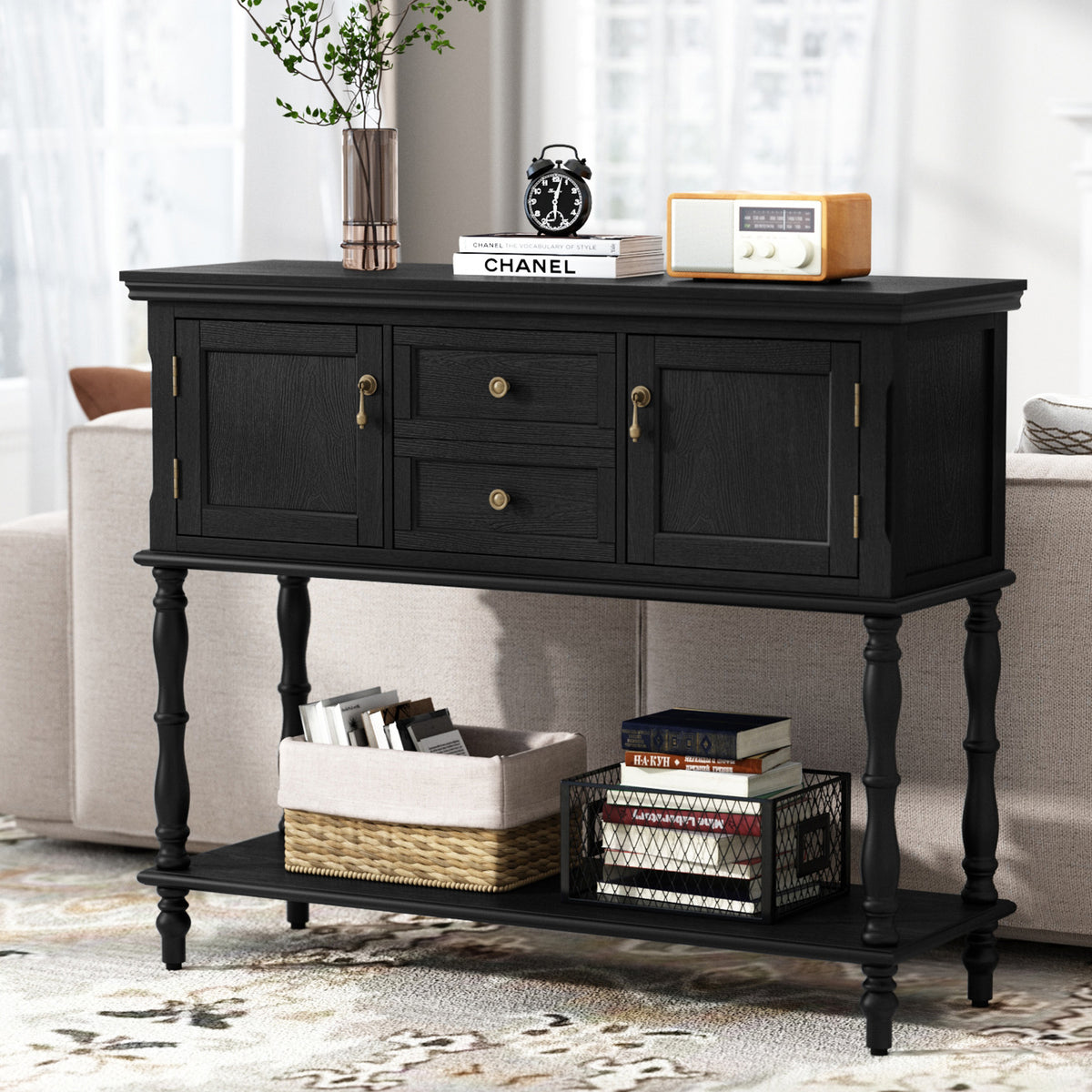 HLR 42" Farmhouse Modern Console Table, Entryway Table with Storage Shelf for Living Room, Black
