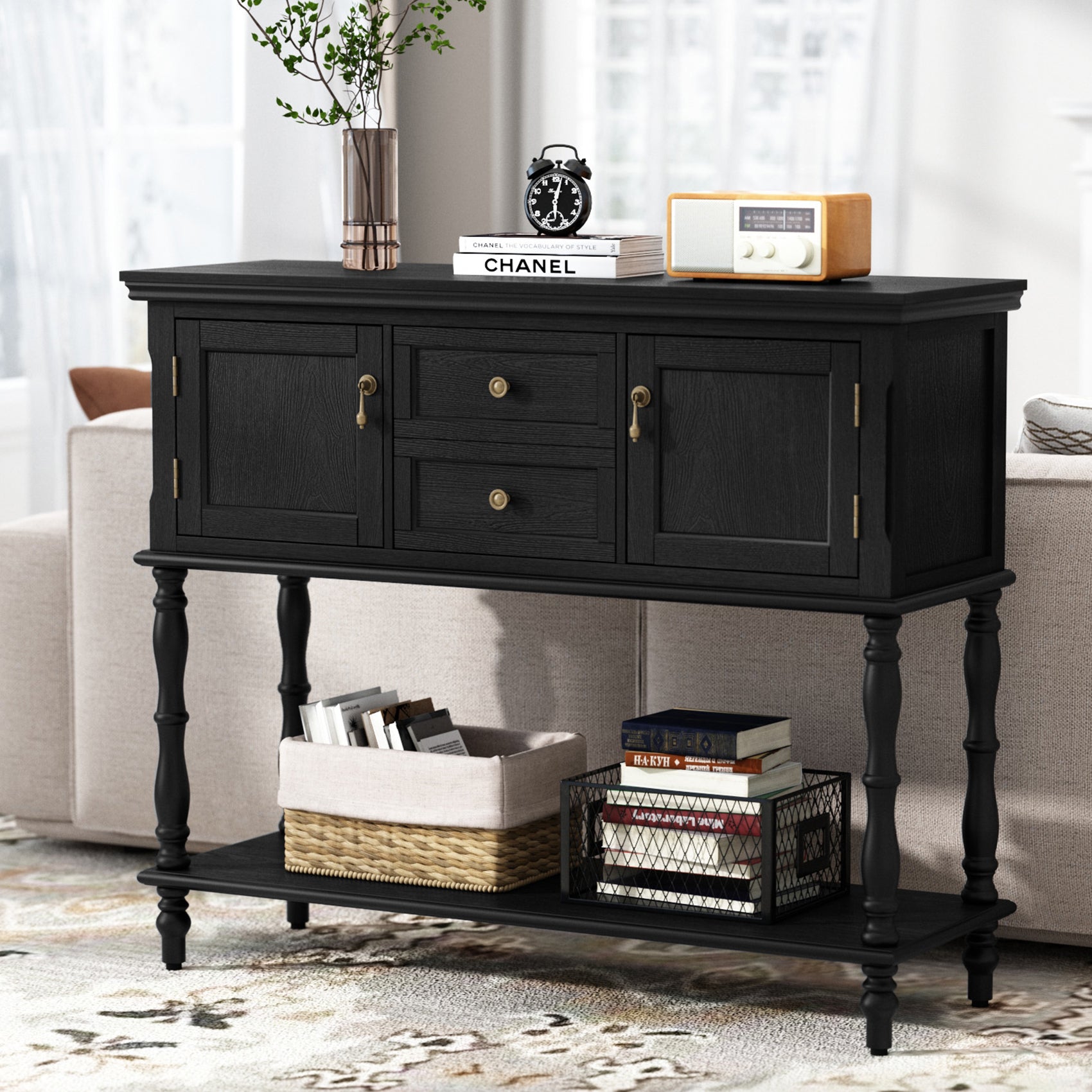 HLR 42" Farmhouse Modern Console Table, Entryway Table with Storage Shelf for Living Room, Black