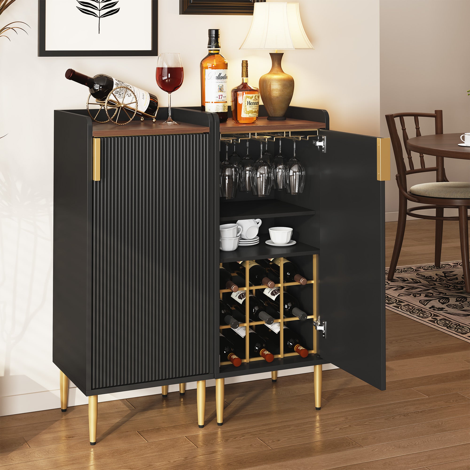 CBJCBJ Modern Wine Storage Cabinet with Rack & Adjustable shelves Coffee Bar for Kitchen, Dining Room, Apartment, Black