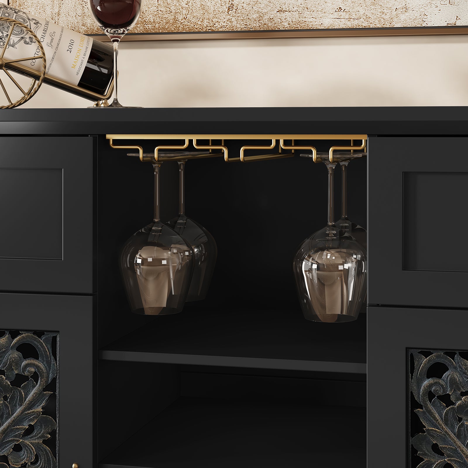 HLR 47.2" Wine Bar Cabinet, Retro Sideboard Buffet Coffee Bar with Storage for Living Room, Black