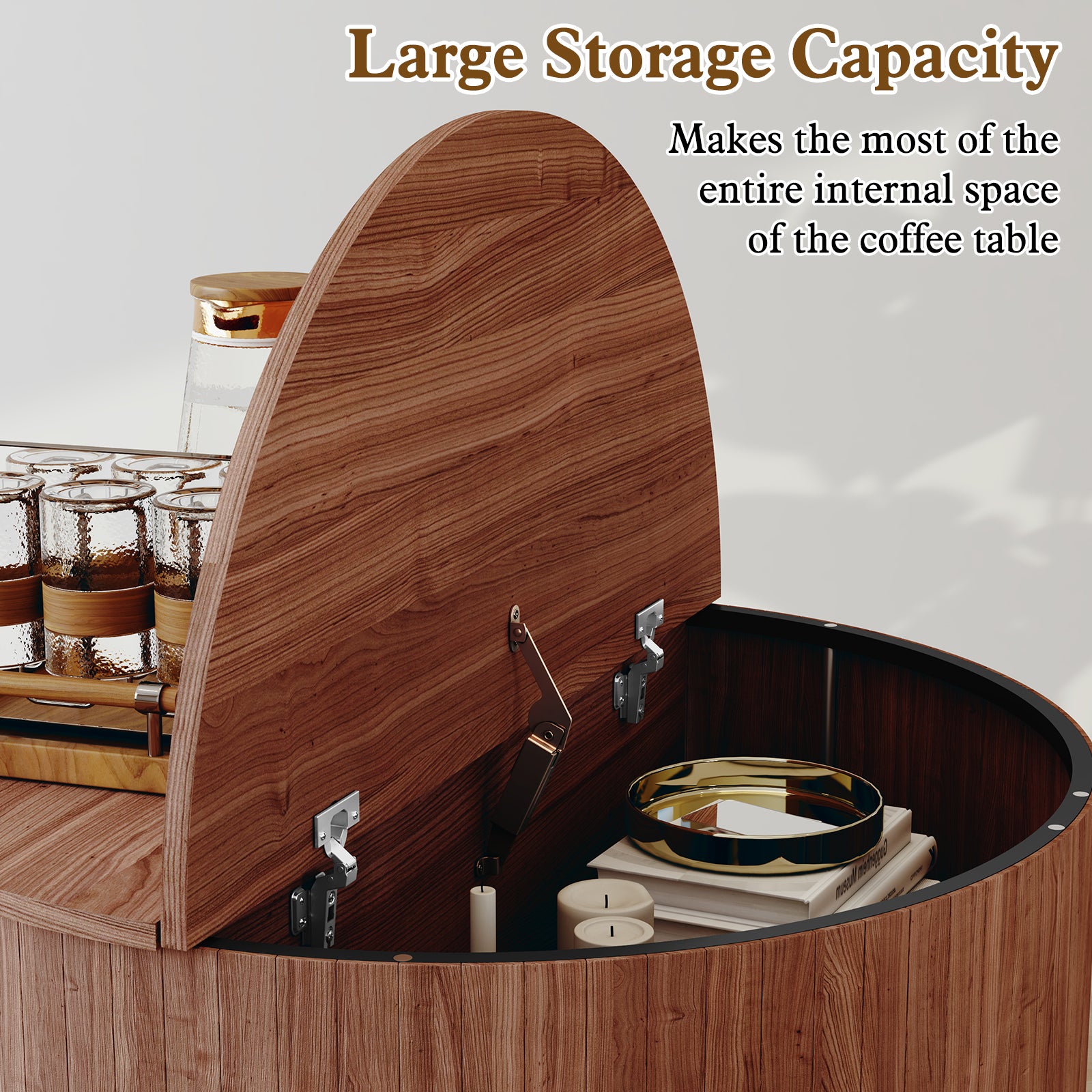 CBJCBJ 31" Modern Round Coffee Table with Sliding Door Storage, Center Table for Living Room, Brown