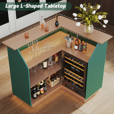 HLR L-Shaped Home Bar Cabinet with Fridge Space, 4-Tier Corner Bar Unit Wine Cabinet with Storage, Green