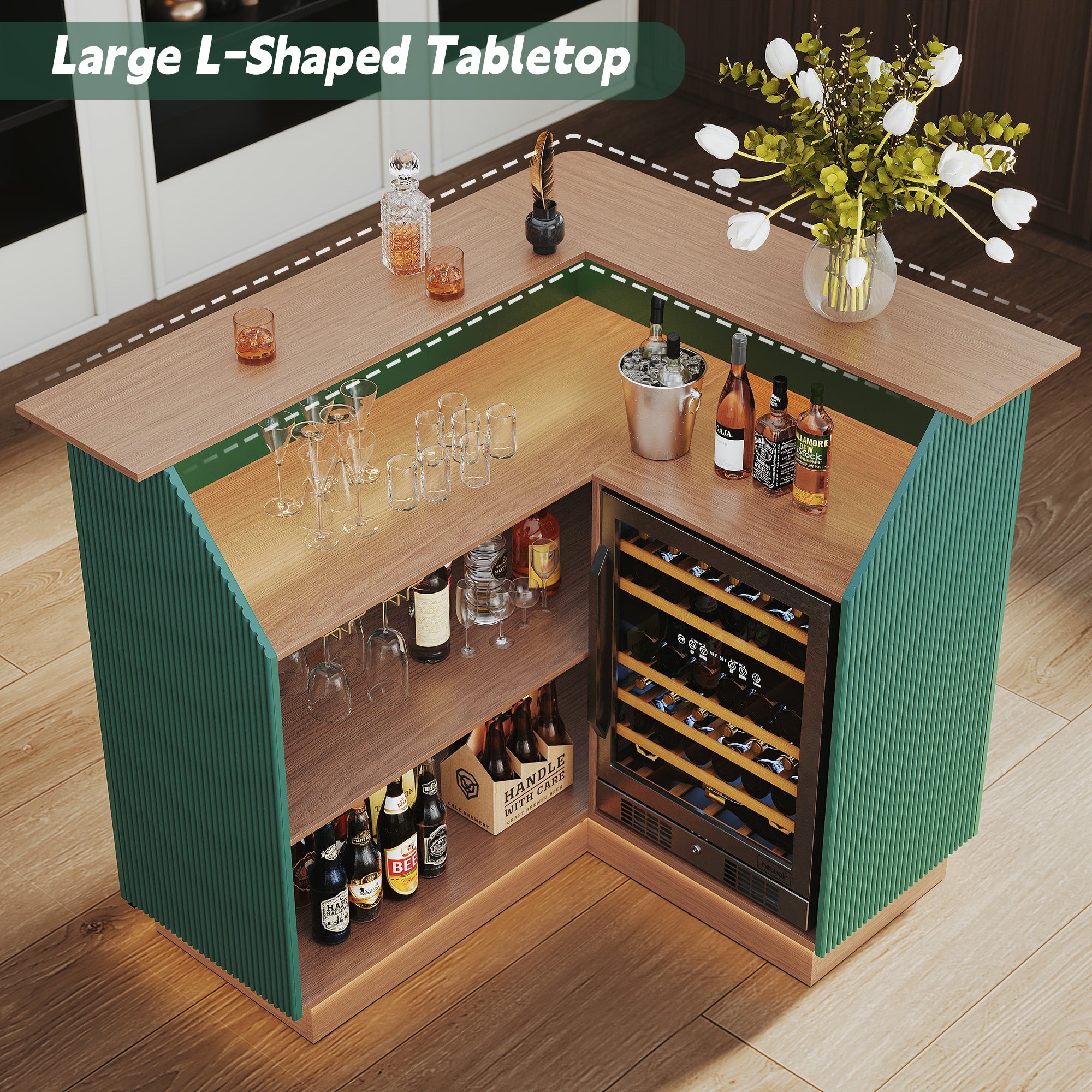 HLR L-Shaped Home Bar Cabinet with Fridge Space, 4-Tier Corner Bar Unit Wine Cabinet with Storage, Green