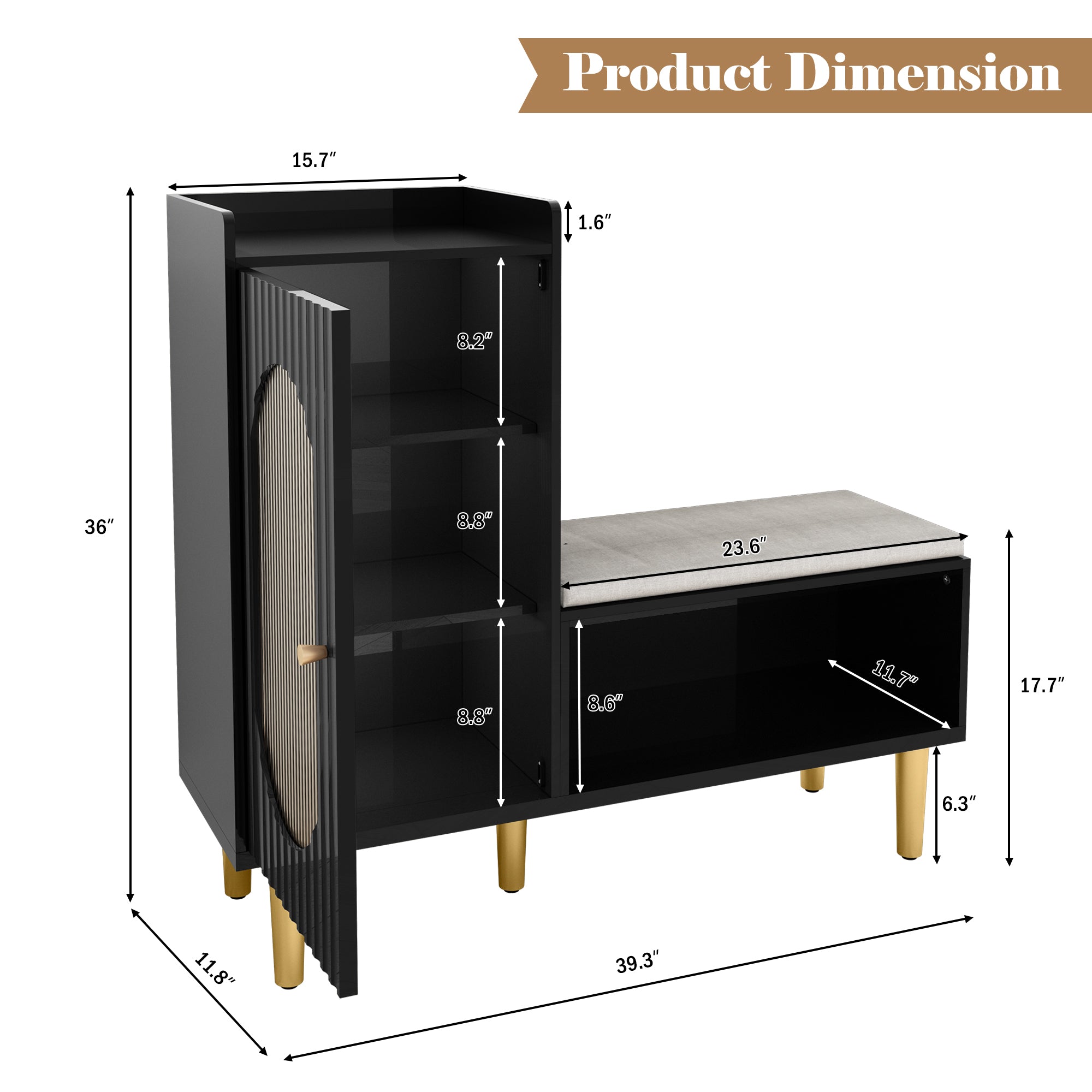 CBJCBJ Modern Storage Bench with Glass Door & Shelf - L-Shaped Entryway Cabinet, Padded Seat for Hallway/Bedroom/Office, Black