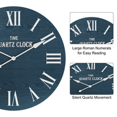 HLR 35.5” Farmhouse Large Shiplap Round Wall Clock with Roman Numeral for Living Room Decor, Navy Blue