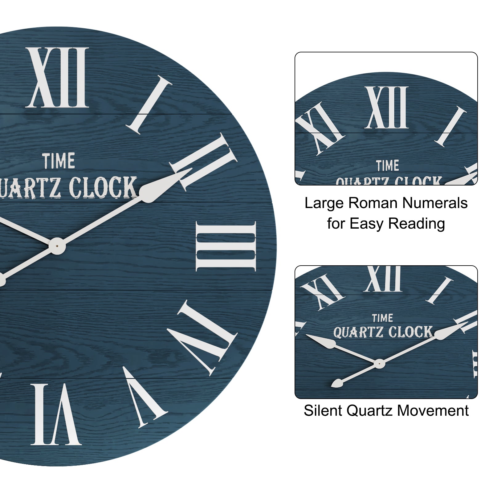 HLR 35.5” Farmhouse Large Shiplap Round Wall Clock with Roman Numeral for Living Room Decor, Navy Blue
