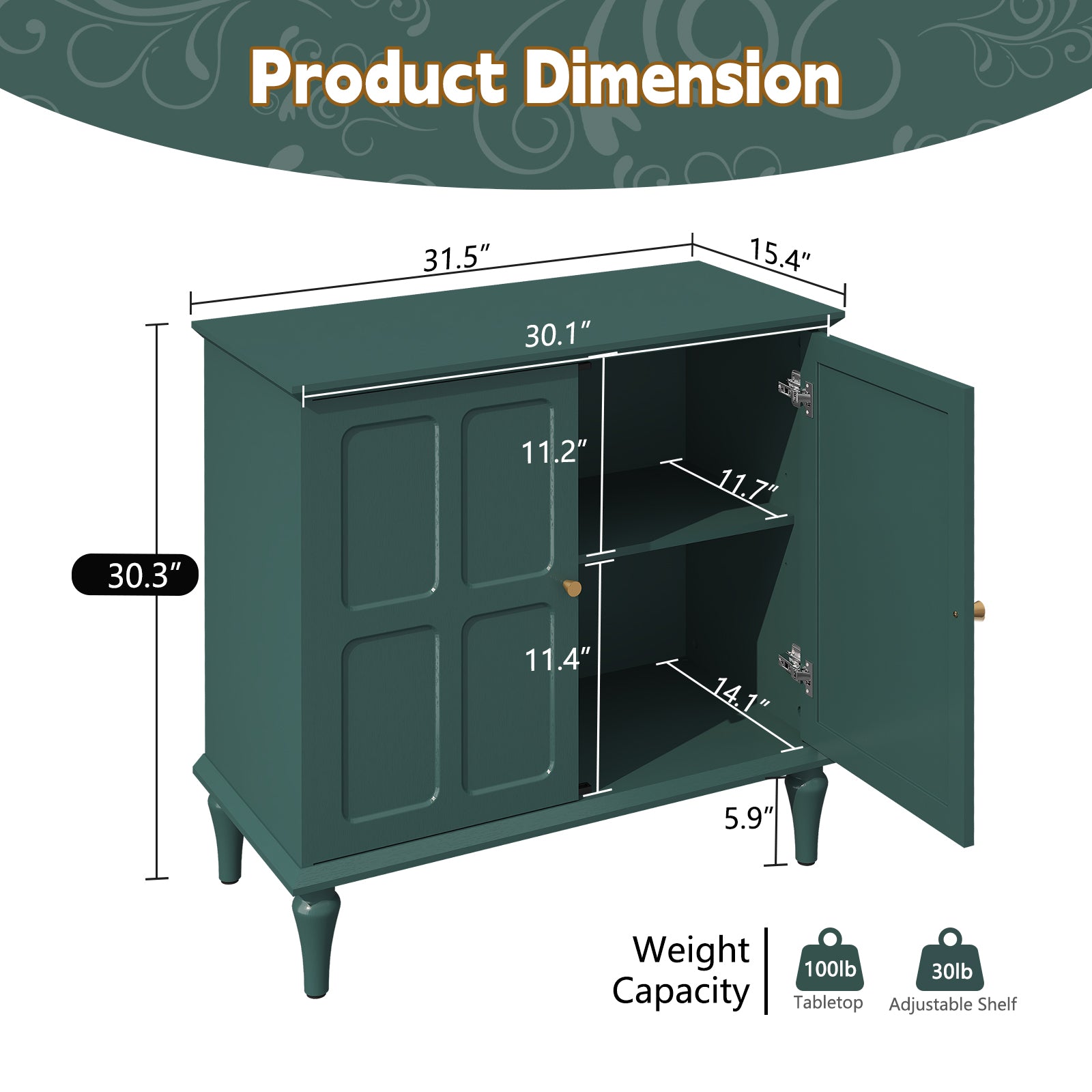 CBJCBJ 31.4"Mid Century Modern Sideboard Buffet Cabinet , Storage Cabinet with Adjustable Shelves, Accent Cabinet for Entryway, Dining Room,Green