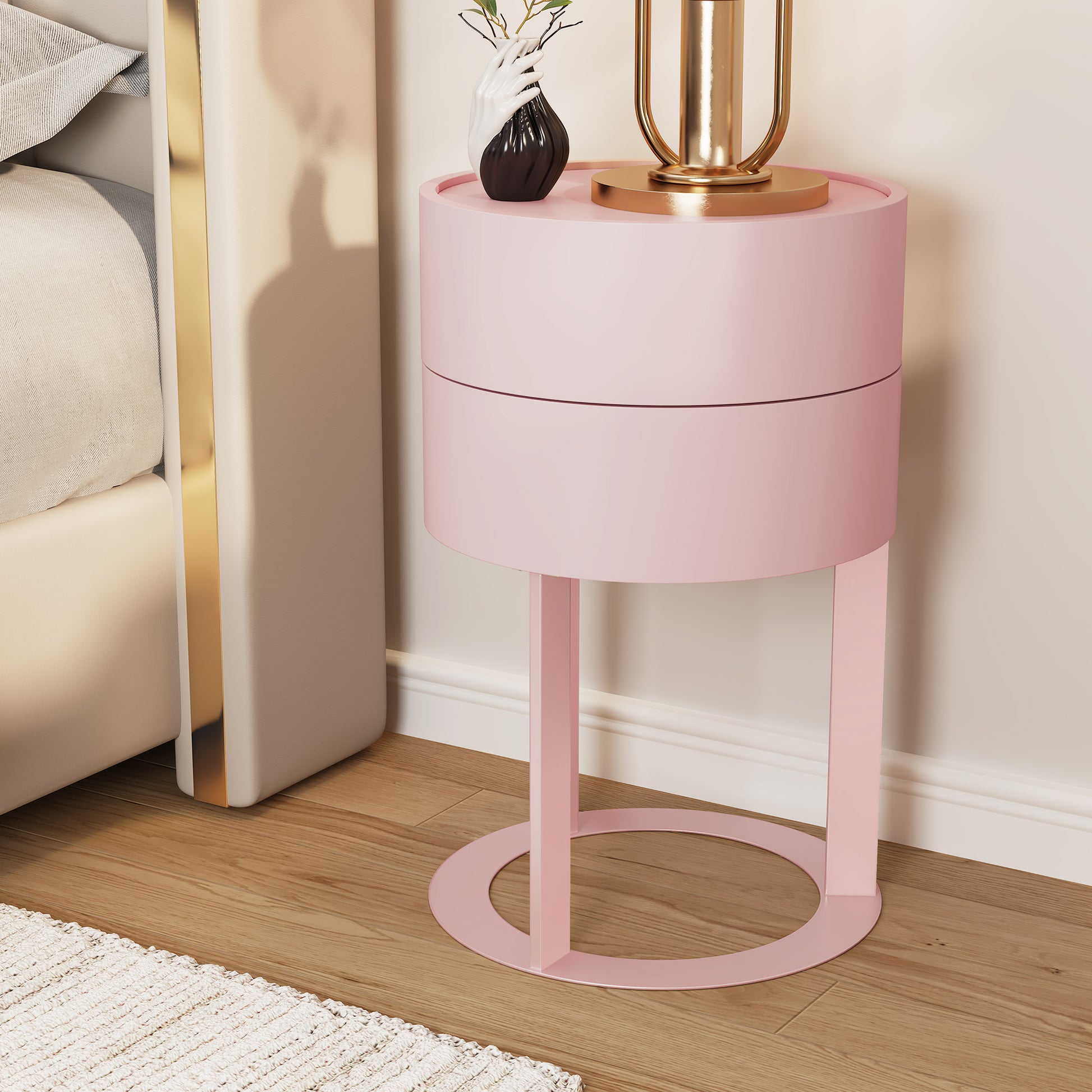 CBJCBJ Modern Round Nightstand with Drawer, 14.2" Bedside Table for Bedroom,Pink