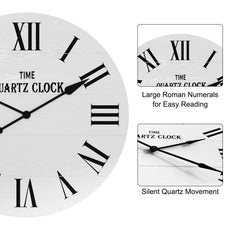 HLR 35.5” Farmhouse Large Shiplap Round Wall Clock with Roman Numeral for Living Room Decor, White