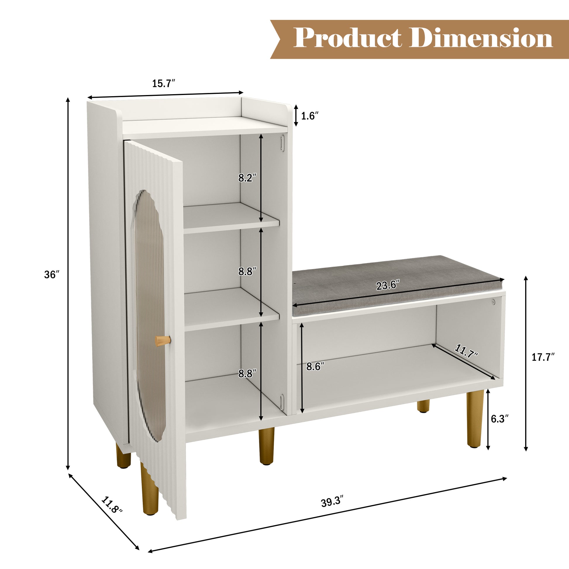 CBJCBJ Modern Storage Bench with Glass Door & Shelf - L-Shaped Entryway Cabinet, Padded Seat for Hallway/Bedroom/Office, White
