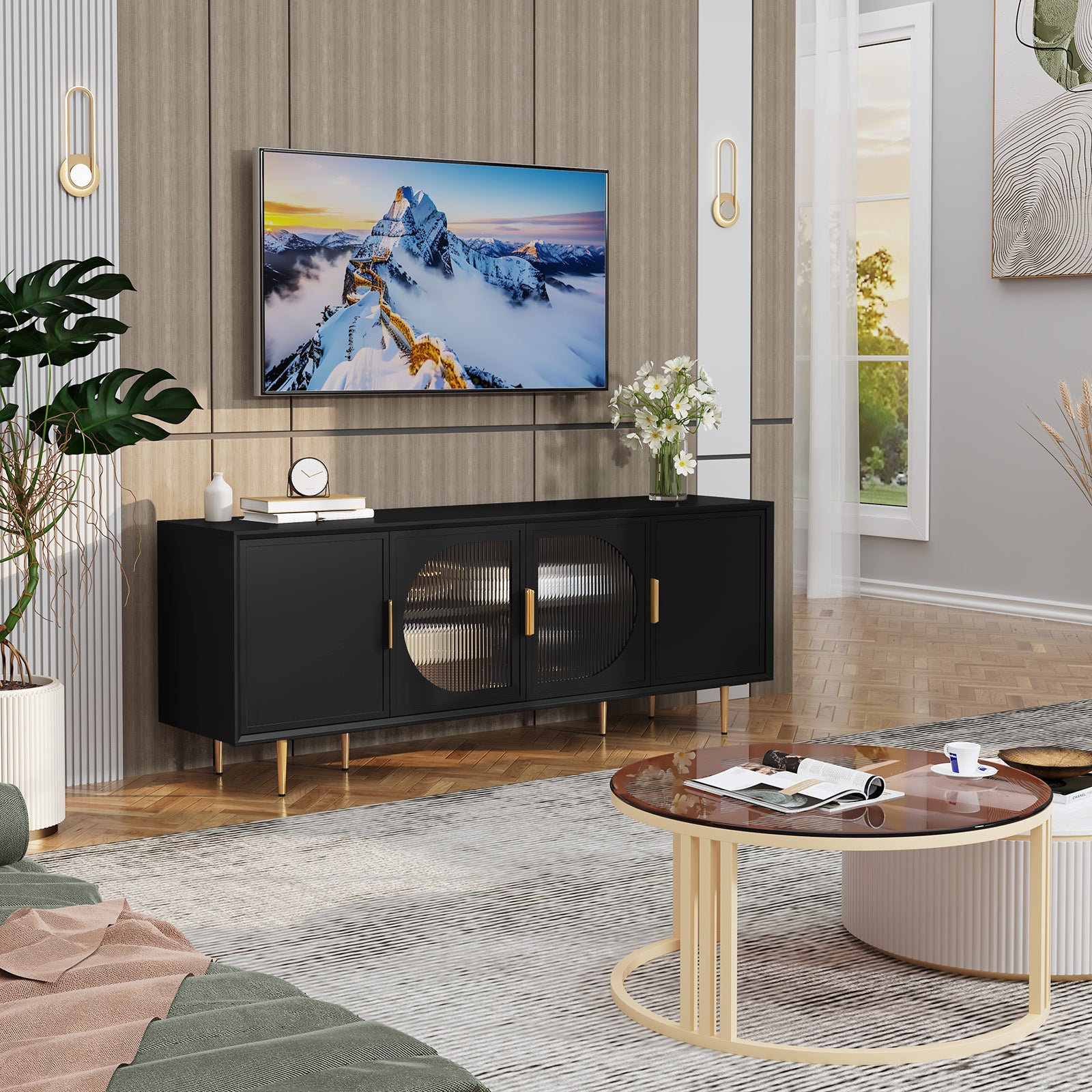 HLR Modern 66" TV Stand, for TVs up to 75", Living Room Entertainment Center with Glass Storage Cabinet, Black