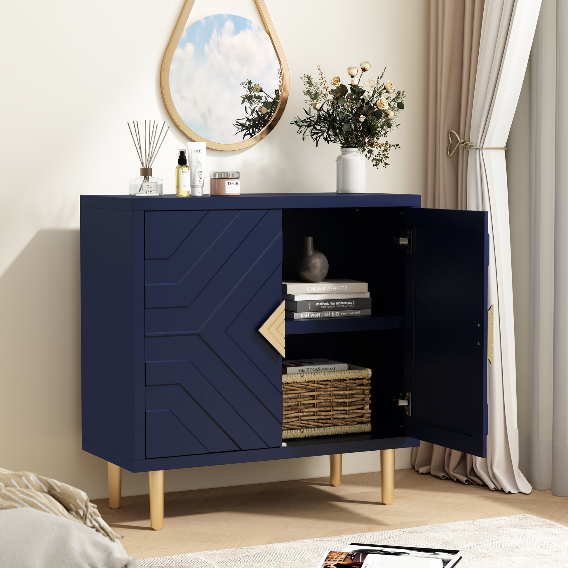 CBJCBJ 31.7" Modern Accent Sideboard Buffet Cabinet with 2 Doors & Shelves, Credenza for Living Room Storage, Blue