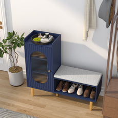 CBJCBJ Modern Storage Bench with Glass Door & Shelf - L-Shaped Entryway Cabinet, Padded Seat for Hallway/Bedroom/Office