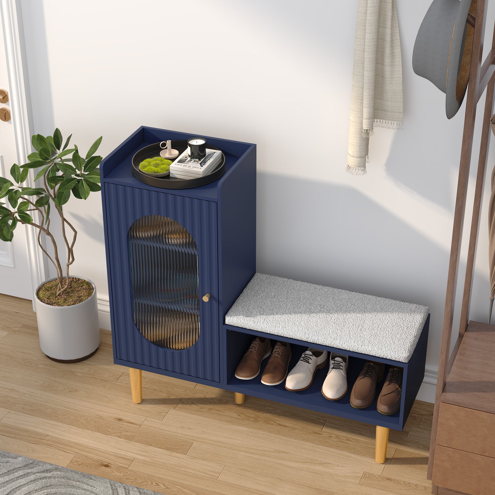 CBJCBJ Modern Storage Bench with Glass Door & Shelf - L-Shaped Entryway Cabinet, Padded Seat for Hallway/Bedroom/Office