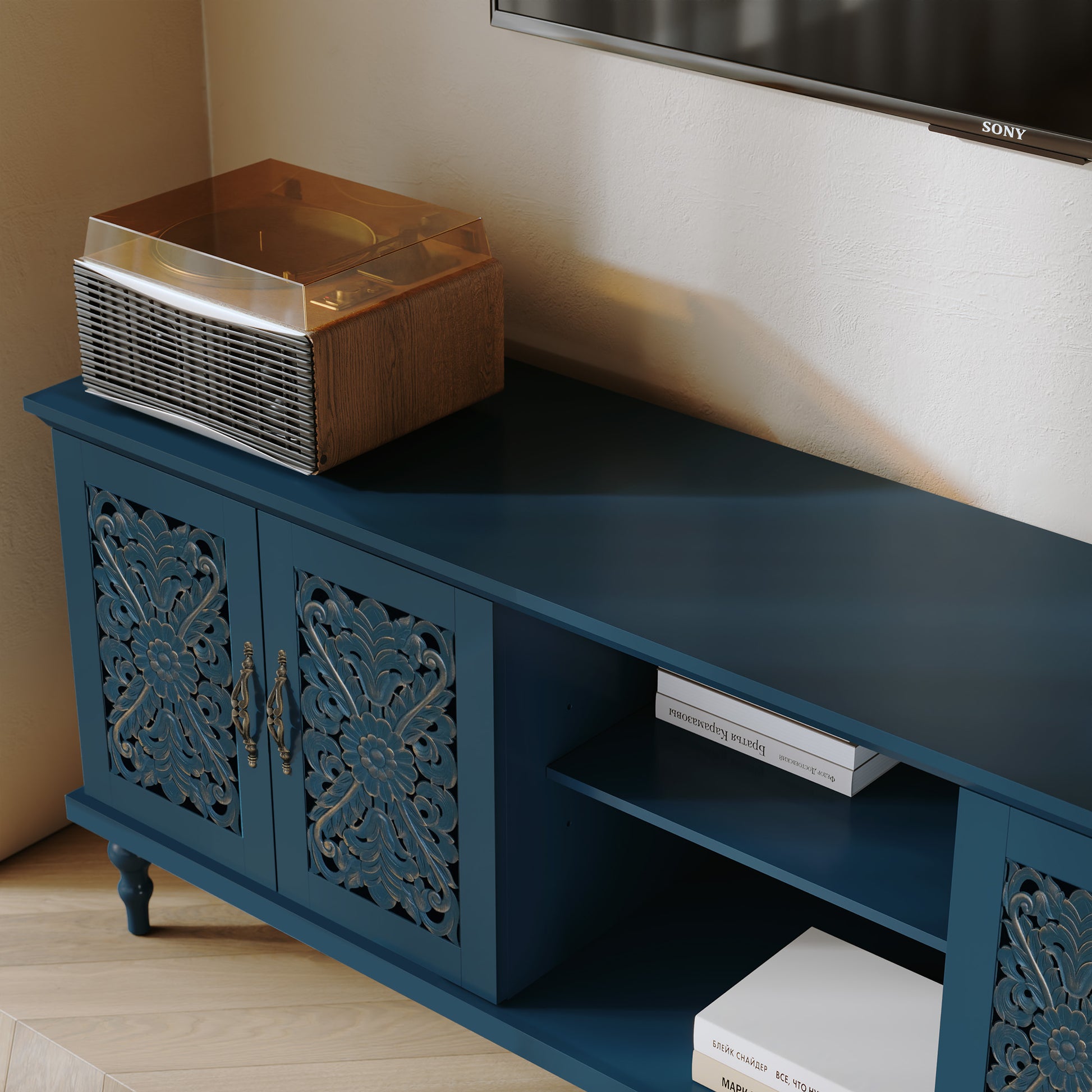 HLR Retro 67" TV Stand, for TVs up to 75", Living Room Entertainment Center with Carved Storage Cabinet, Blue