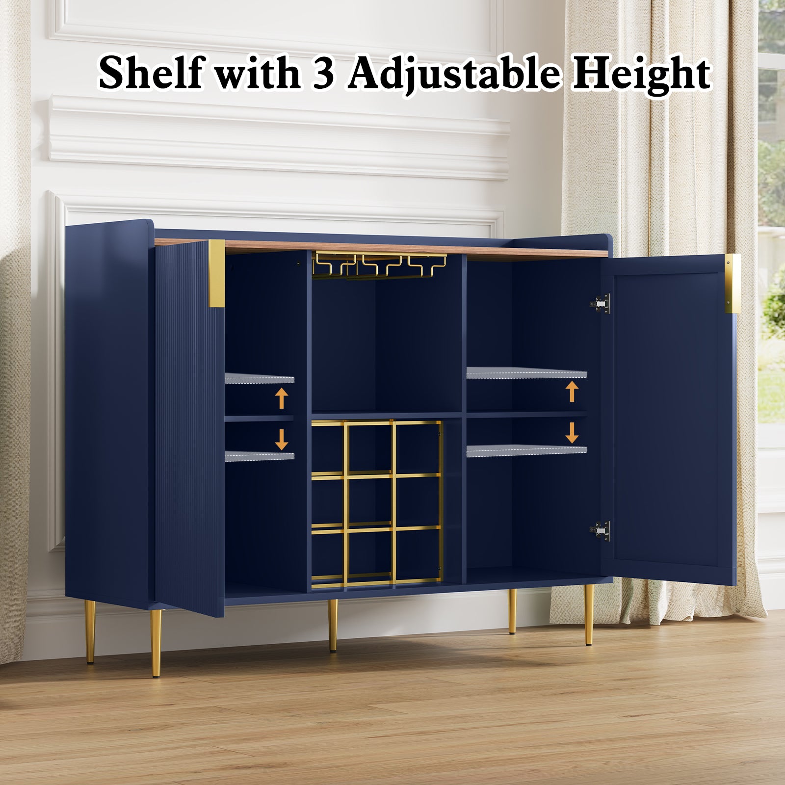 CBJCBJ 47" Modern Storage Wine Bar Cabinet with Cup Holder and Wine Rack for Dining,Blue