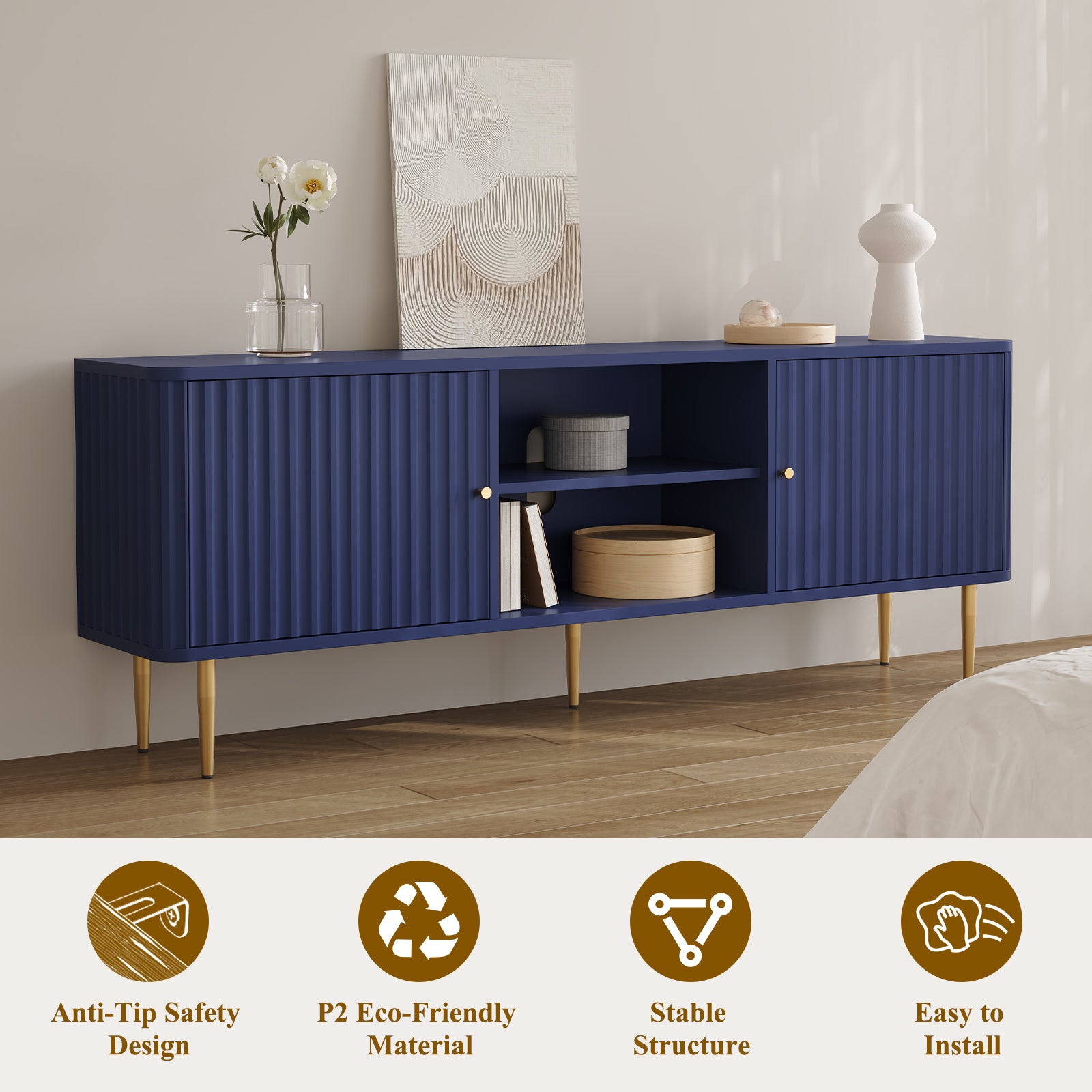 HLR 67 In Fluted TV Stand for TVs Up to 75 Inch, Mid Century Modern Entertainment Center with Storage, Blue