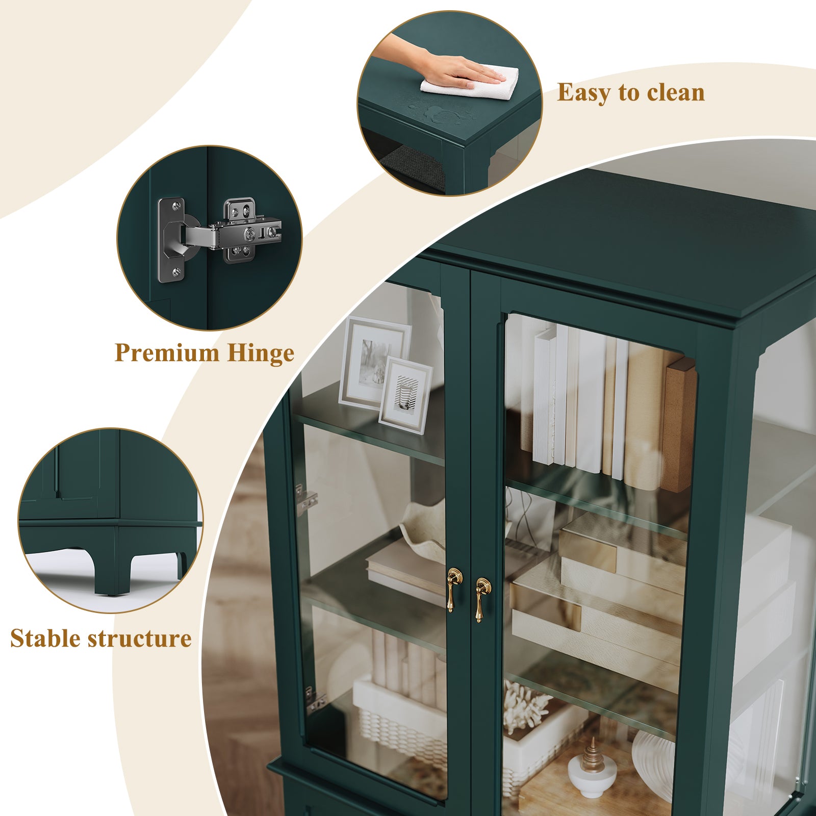 CBJCBJ Modern Bookcase with Storage, Display Cabinet with Glass Doors, Storage Cabinet with Adjustable Shelves,Green
