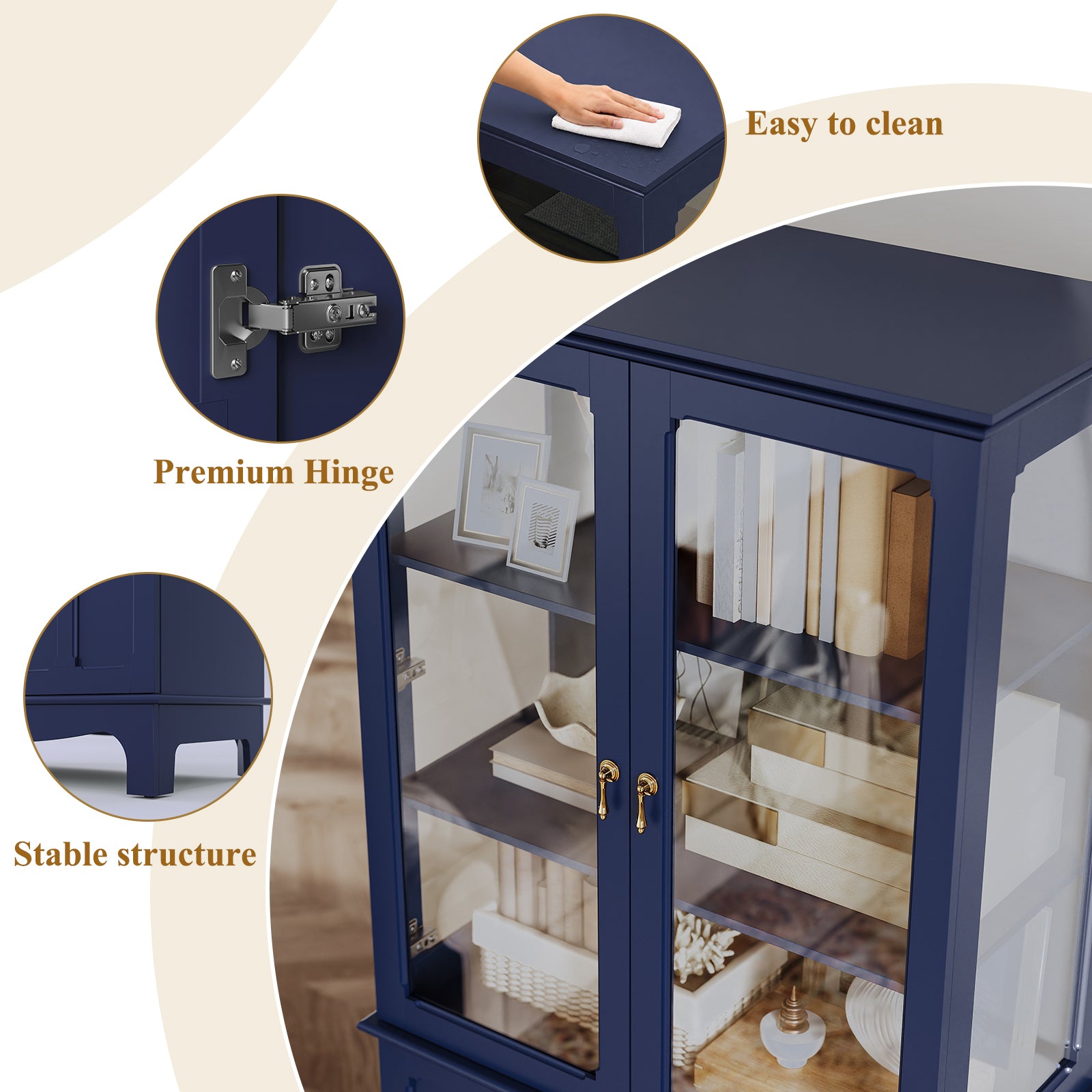 CBJCBJ Modern Bookcase with Storage, Display Cabinet with Glass Doors, Storage Cabinet with Adjustable Shelves,Blue