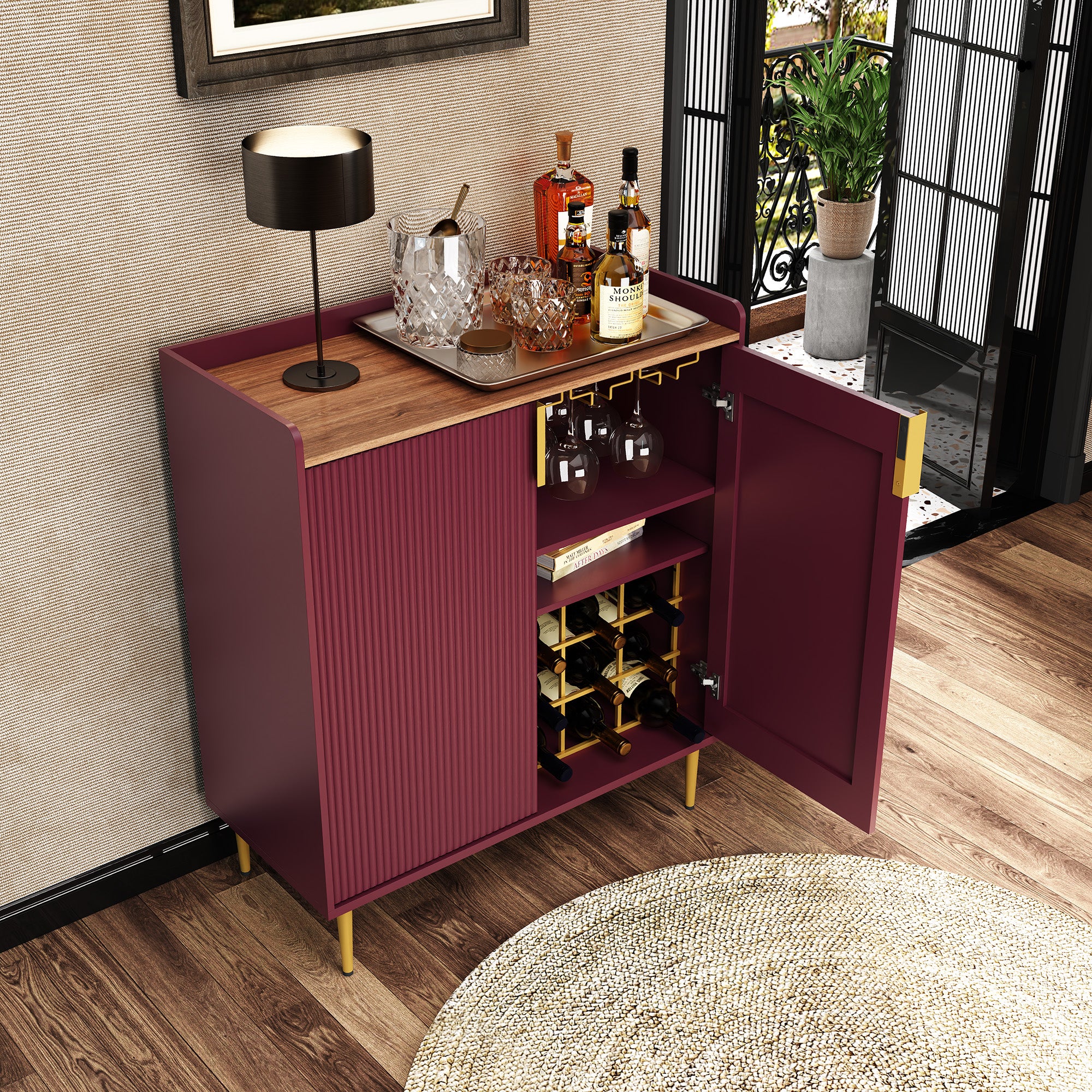 HLR 32"W Wine Bar Cabinet with 2 Door Fluted Texture, Modern Coffee Cabinet with Rack&Glass Holder,Red