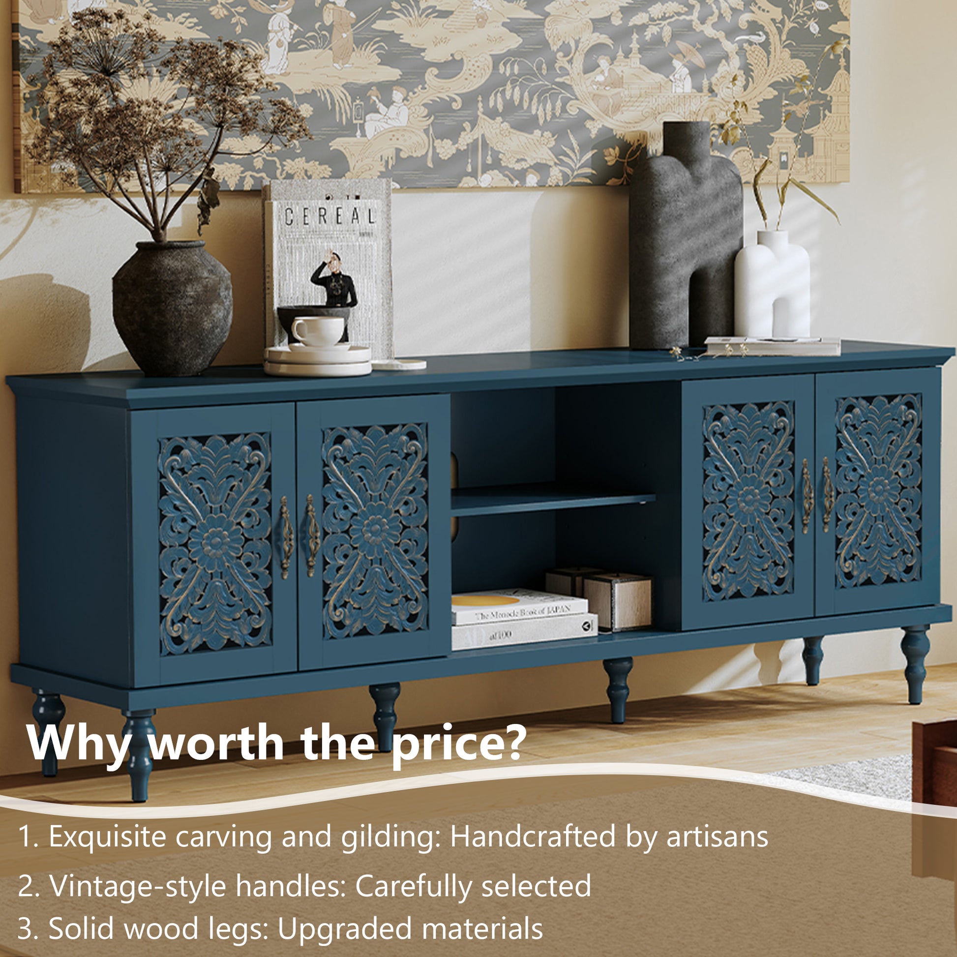 CBJCBJ Retro 67" TV Stand for TVs up to 75", Living Room Entertainment Center with 4 Door Storage Cabinet,Blue