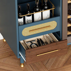 HLR Modern Coffee Bar Cabinet with Space for Mini Fridge and Rattan Drawer, Blue