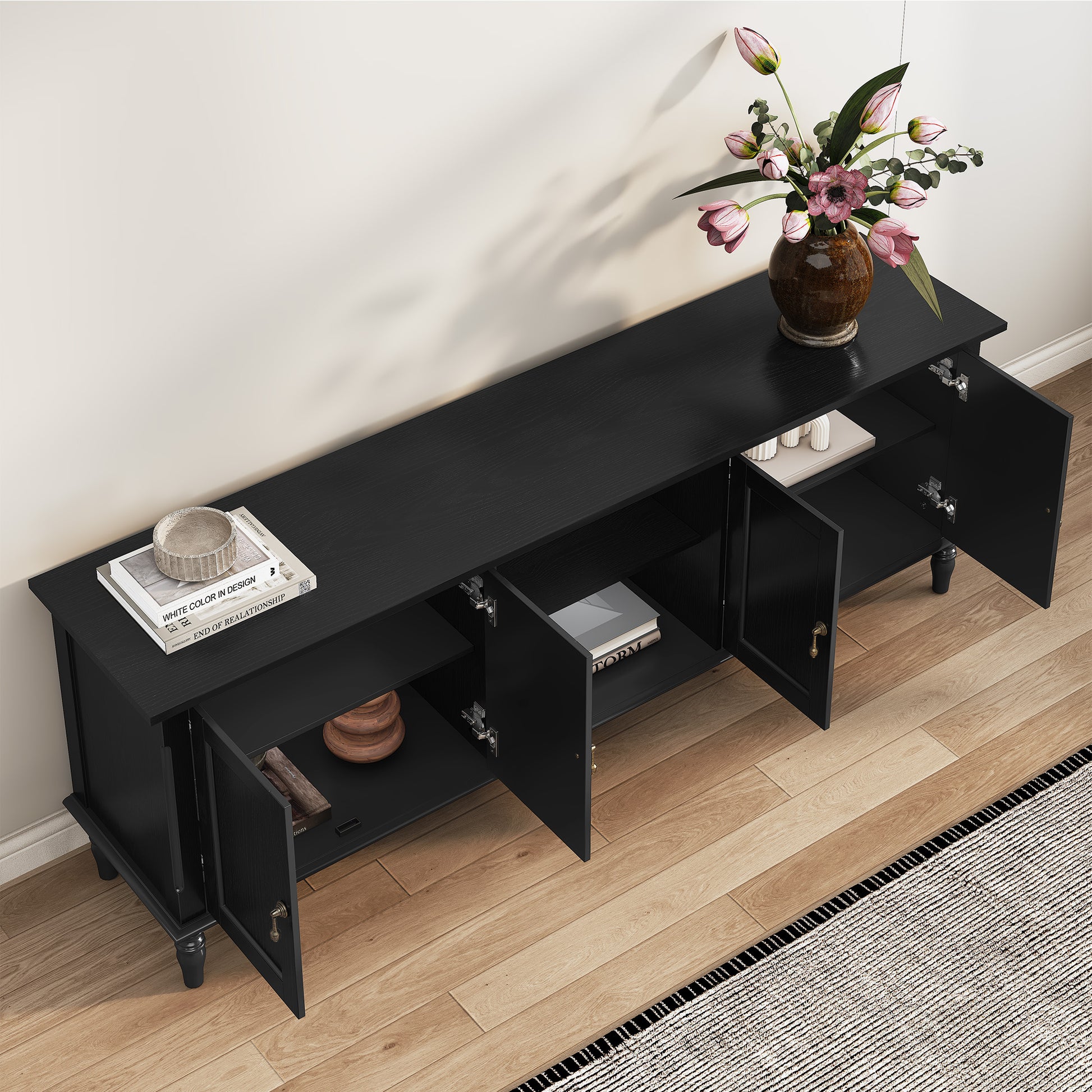 HLR 67" TV Stand, for TVs up to 75", Mid-Century Wood Entertainment Center for Living Room, Black