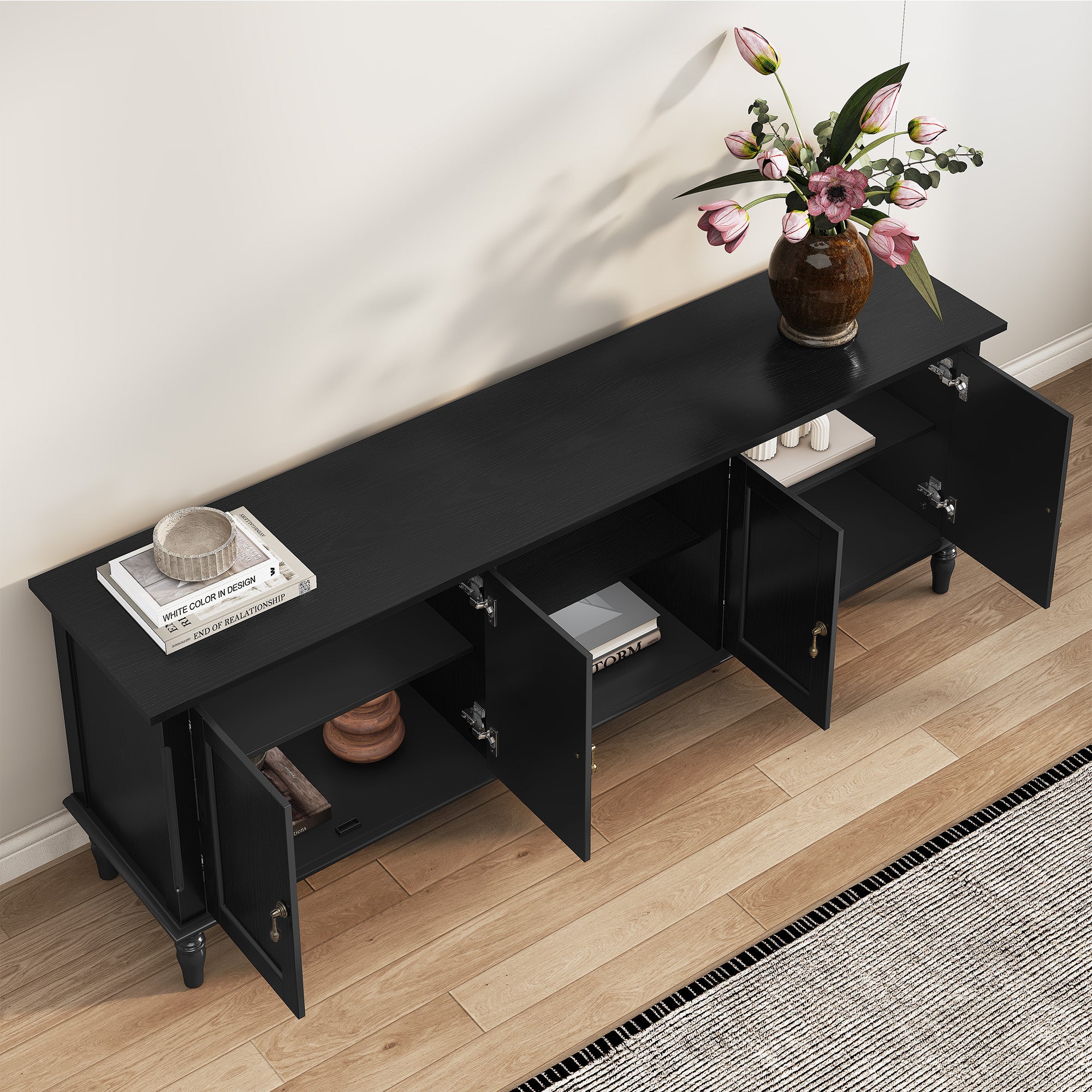 HLR 67" TV Stand, for TVs up to 75", Mid-Century Wood Entertainment Center for Living Room, Black