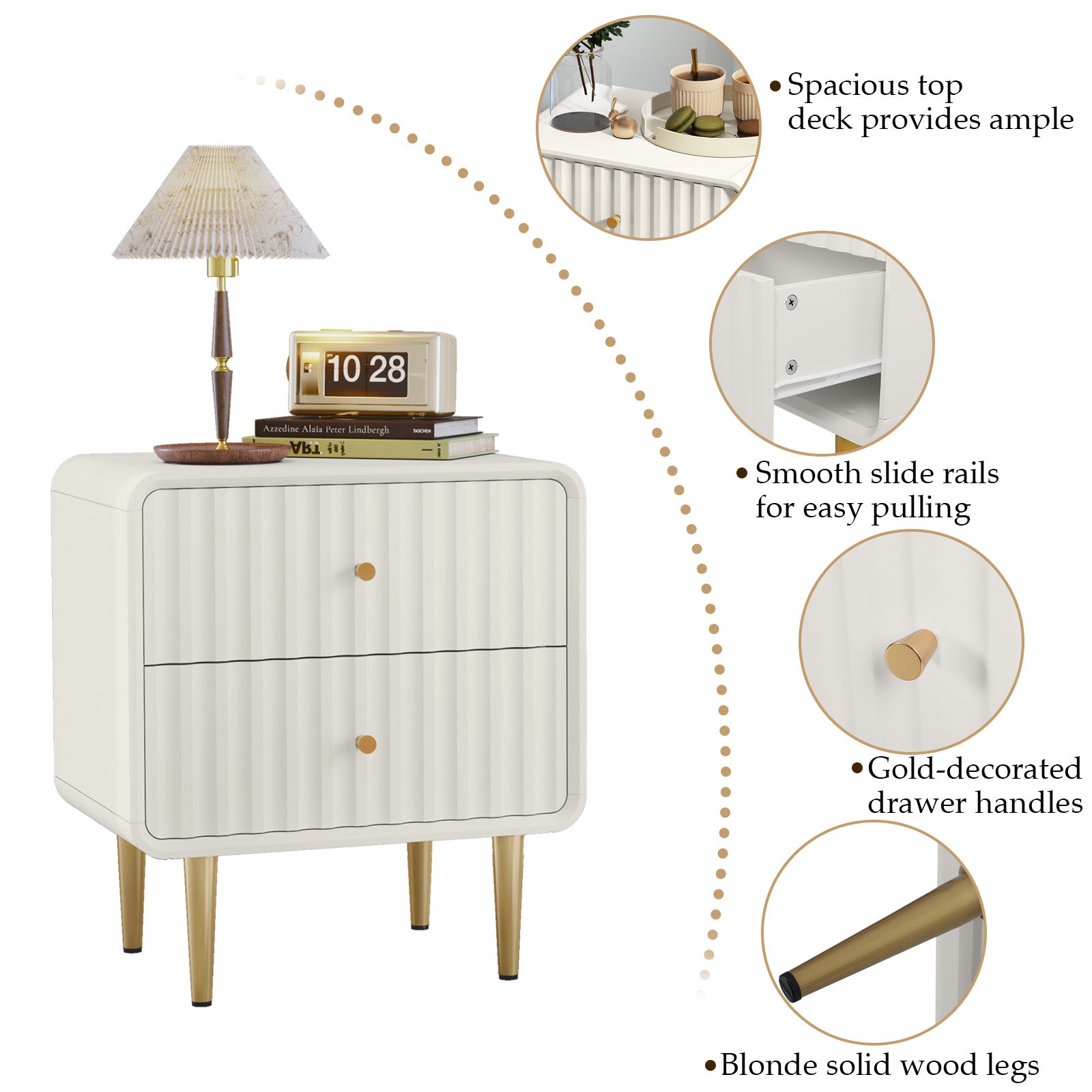 CBJCBJ 20" Modern Fluted Nightstand Set of 1, White Wood Bedside Table with 2 Drawers & Gold Metal Handles（White）