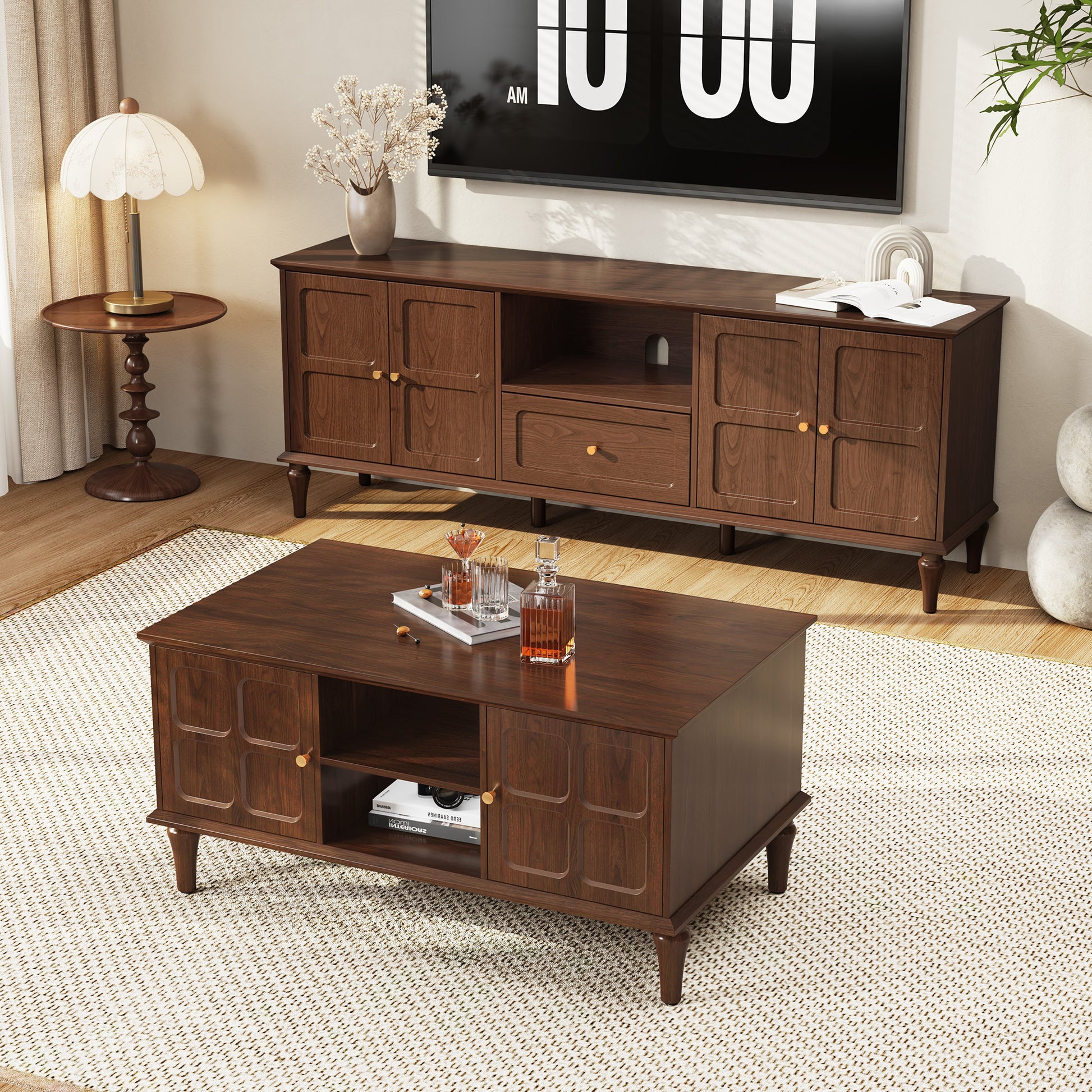 HLR 39.4" Mid Century Coffee Table with Storage, Wood Center Table with Open Shelves for Living Room, Brown
