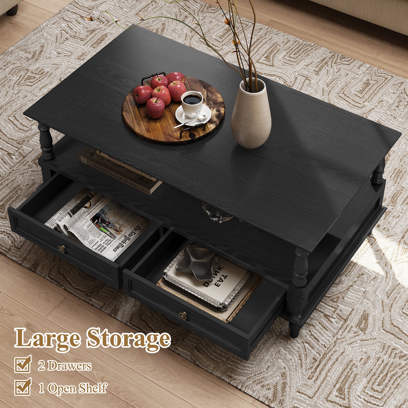 HLR 41" Mid Century Modern Coffee Table with Drawer Storage, Assembled Wood Center Table for Living Room, Black