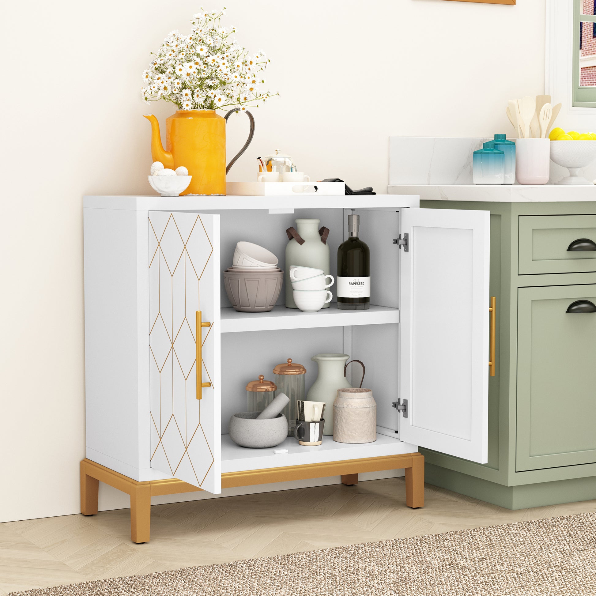 HLR 30.7" White Accent Cabinet with 2 Doors, Entryway Cabinet with Gold Trim, Modern Buffet Sideboards