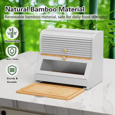 CBJCBJ Natural Bamboo Bread Box with Cutting Board and Roll Top, 2-Tier Large Wood Bread Bin for Kitchen,White
