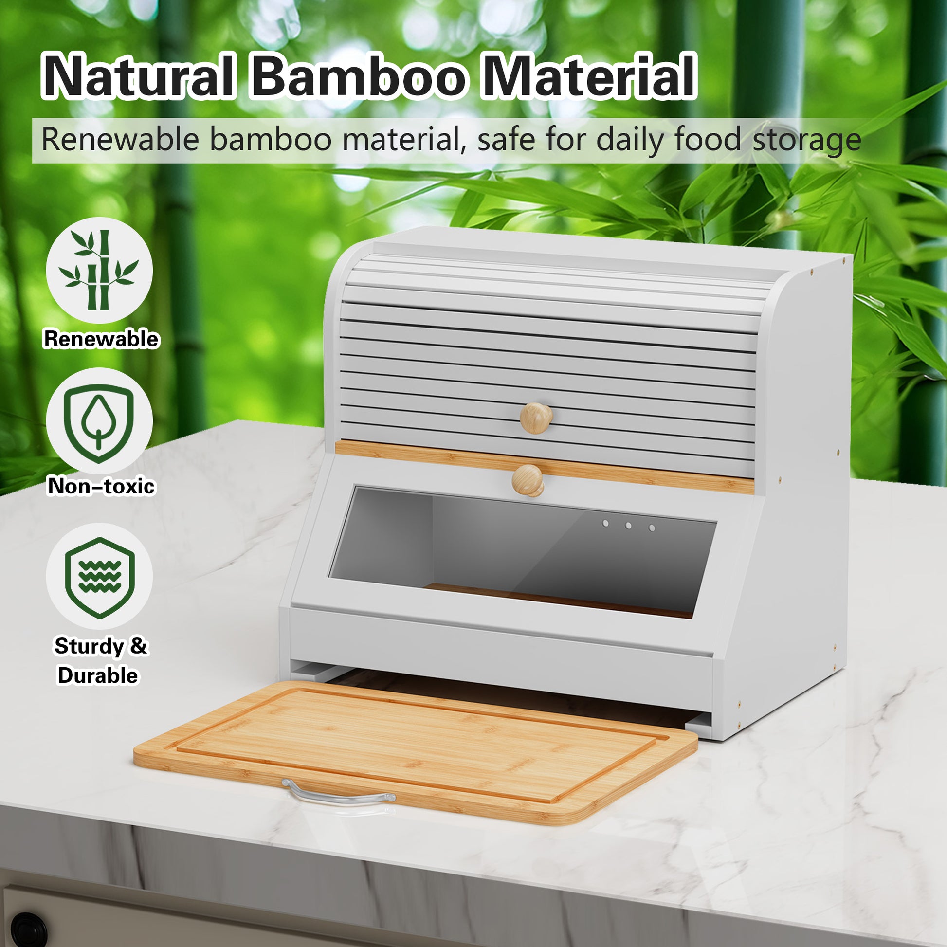 CBJCBJ Natural Bamboo Bread Box with Cutting Board and Roll Top, 2-Tier Large Wood Bread Bin for Kitchen,White