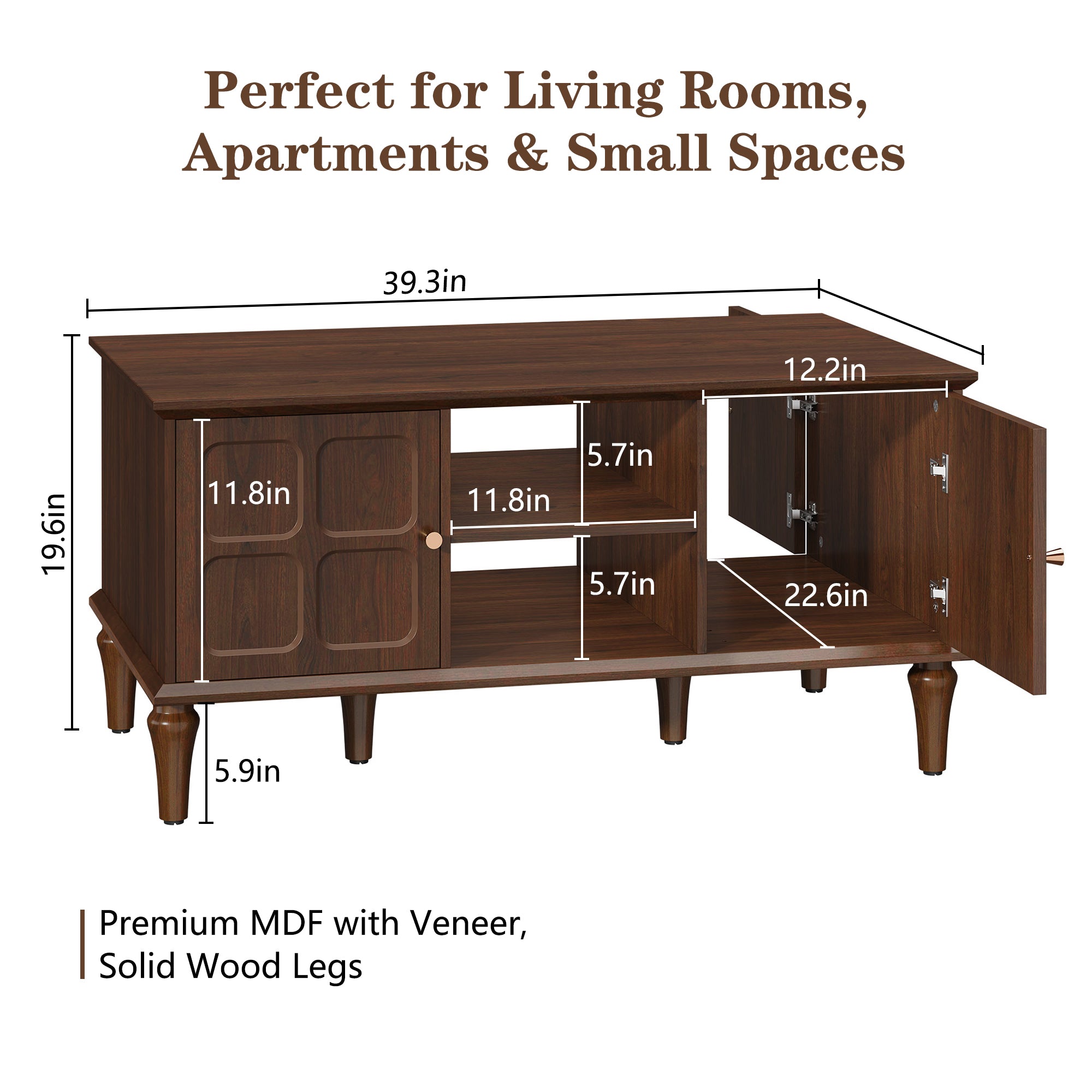 CBJCBJ Mid-Century Coffee Table,Living Room Center Table with 4-Door Storage and Open Storage, Brown