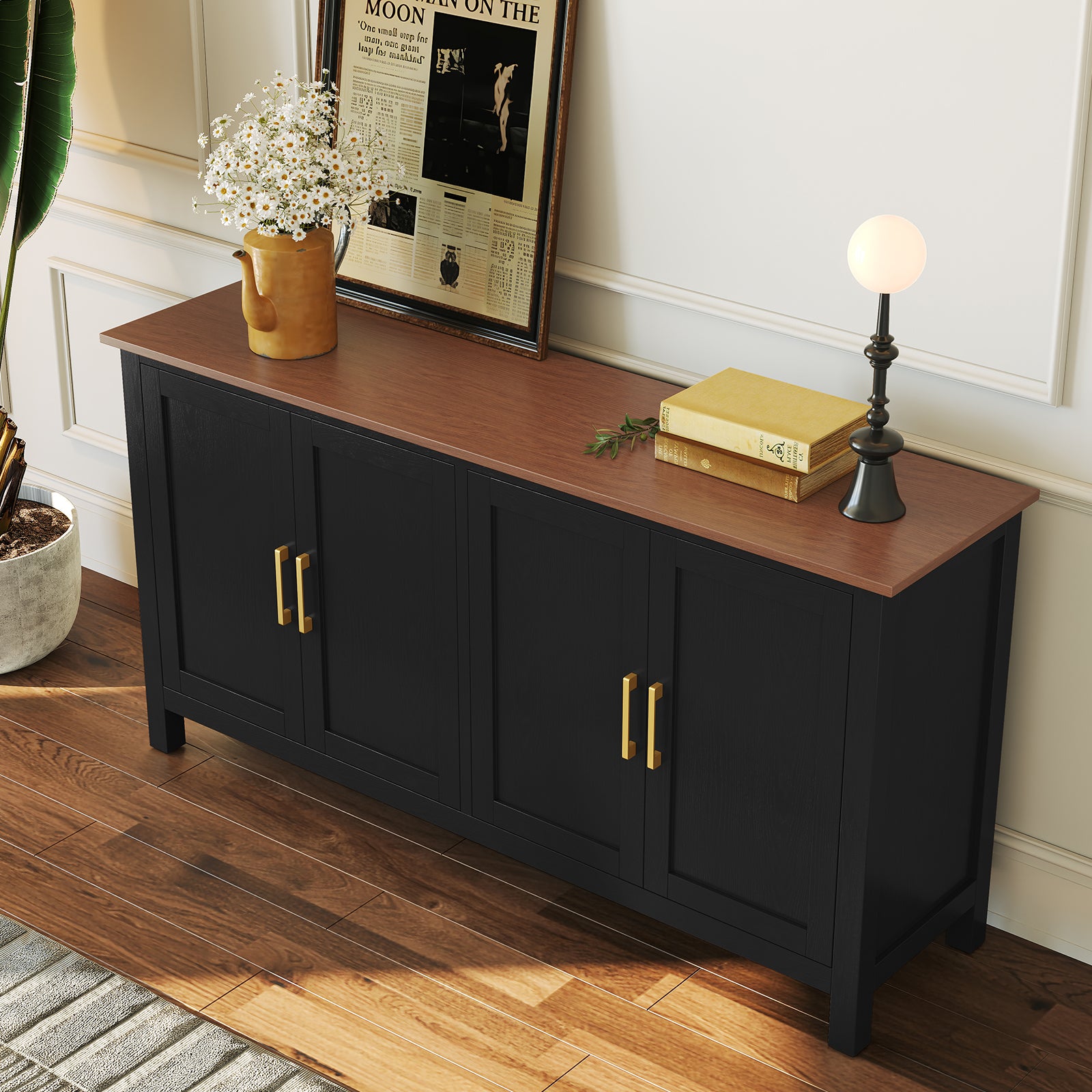 HLR Large Sideboard Buffet Cabinet with Storage, 59.4" Modern Coffee Bar Cabinet for Dining Room, Black