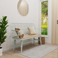 HLR Farmhouse Entryway Bench, Spindle Back Support Wood Dining Benches for Living Room, Mudroom, Green